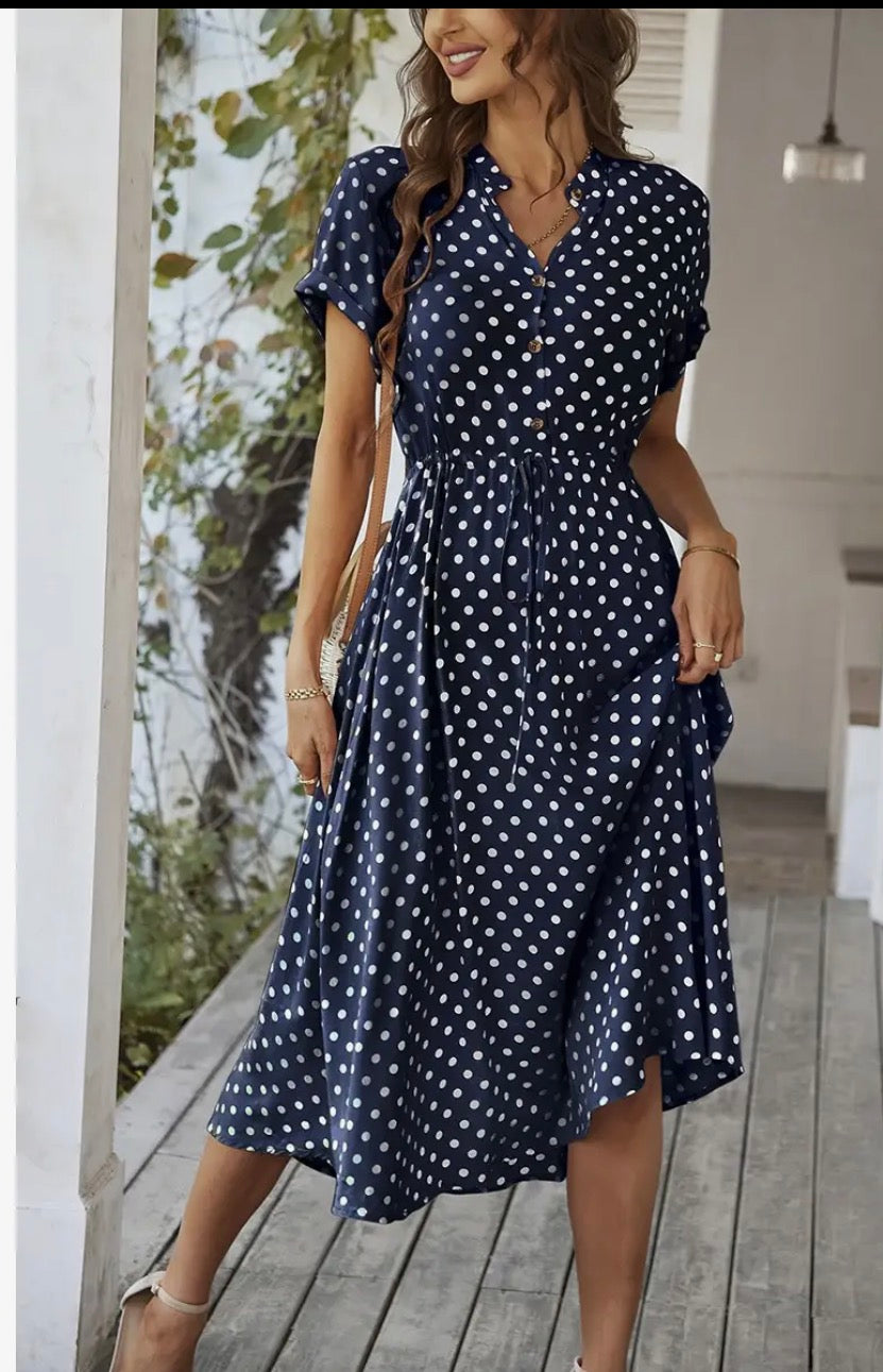 Polka Dot Neck Button Belt Long Dress - Green and Navy