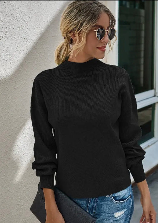 Drop Shoulder Solid Mock Neck Classic Knitted Sweater - Black