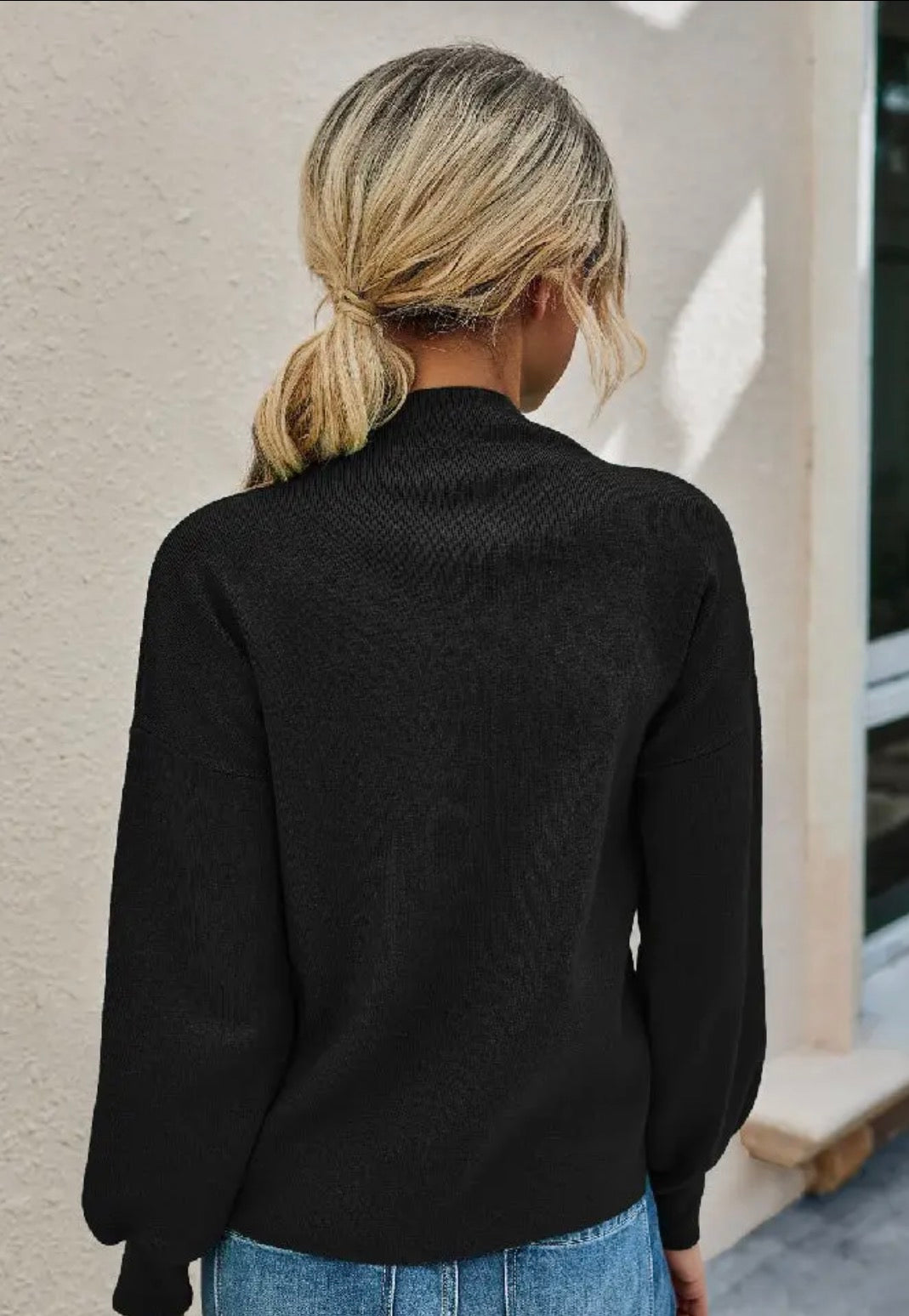Drop Shoulder Solid Mock Neck Classic Knitted Sweater - Black