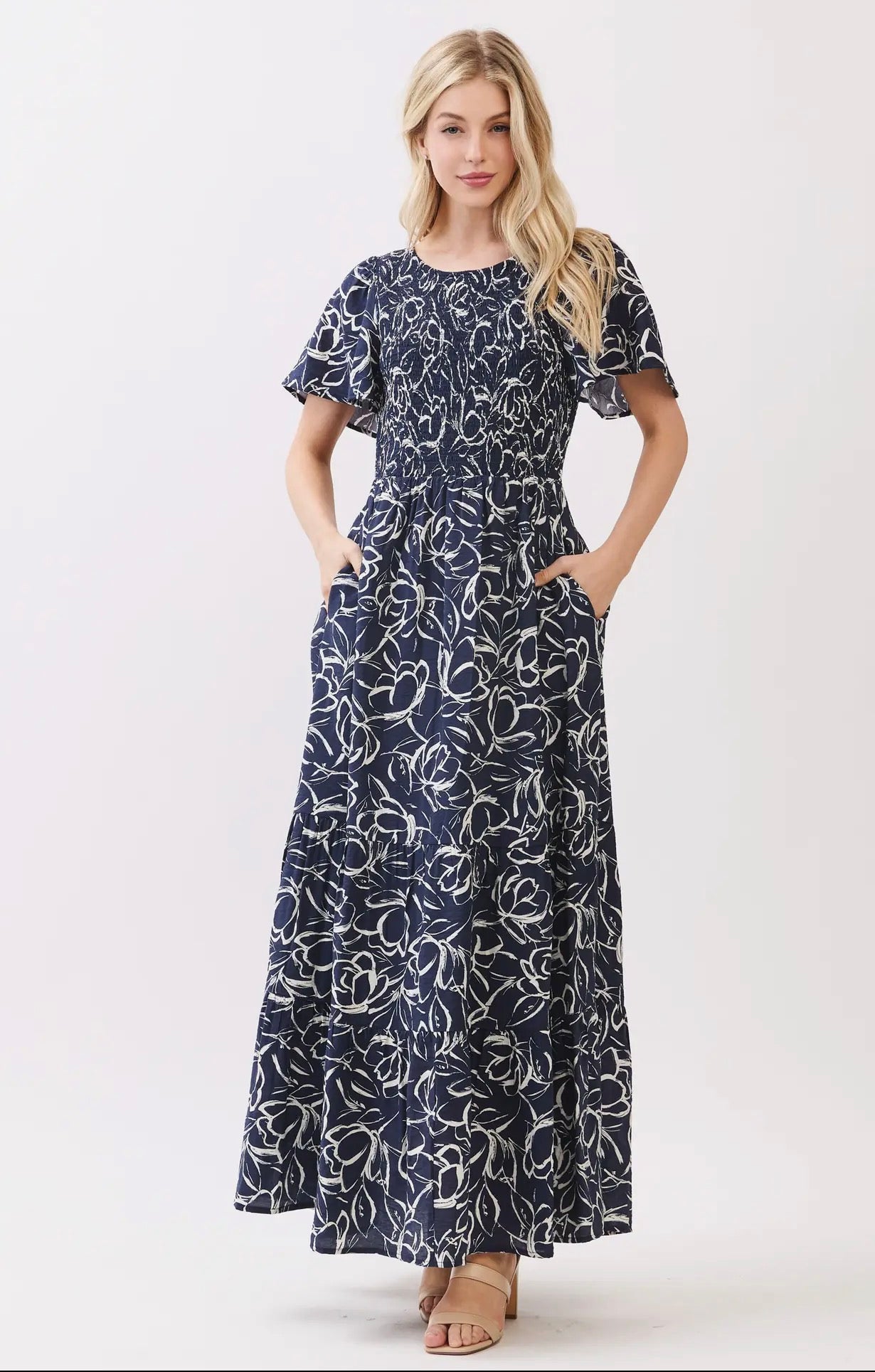 Round Neck Front and Back Smocked Dress - Graphite