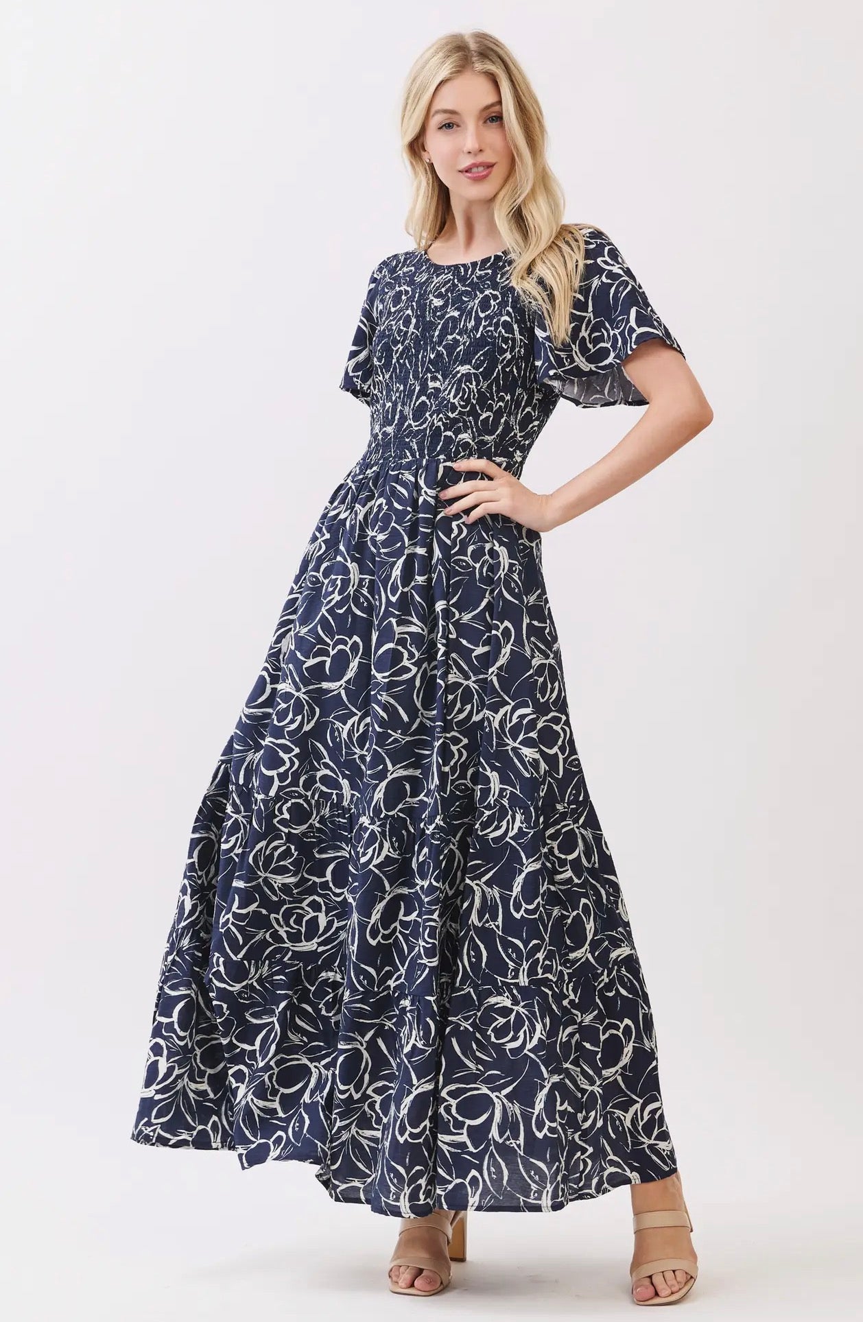 Round Neck Front and Back Smocked Dress - Graphite
