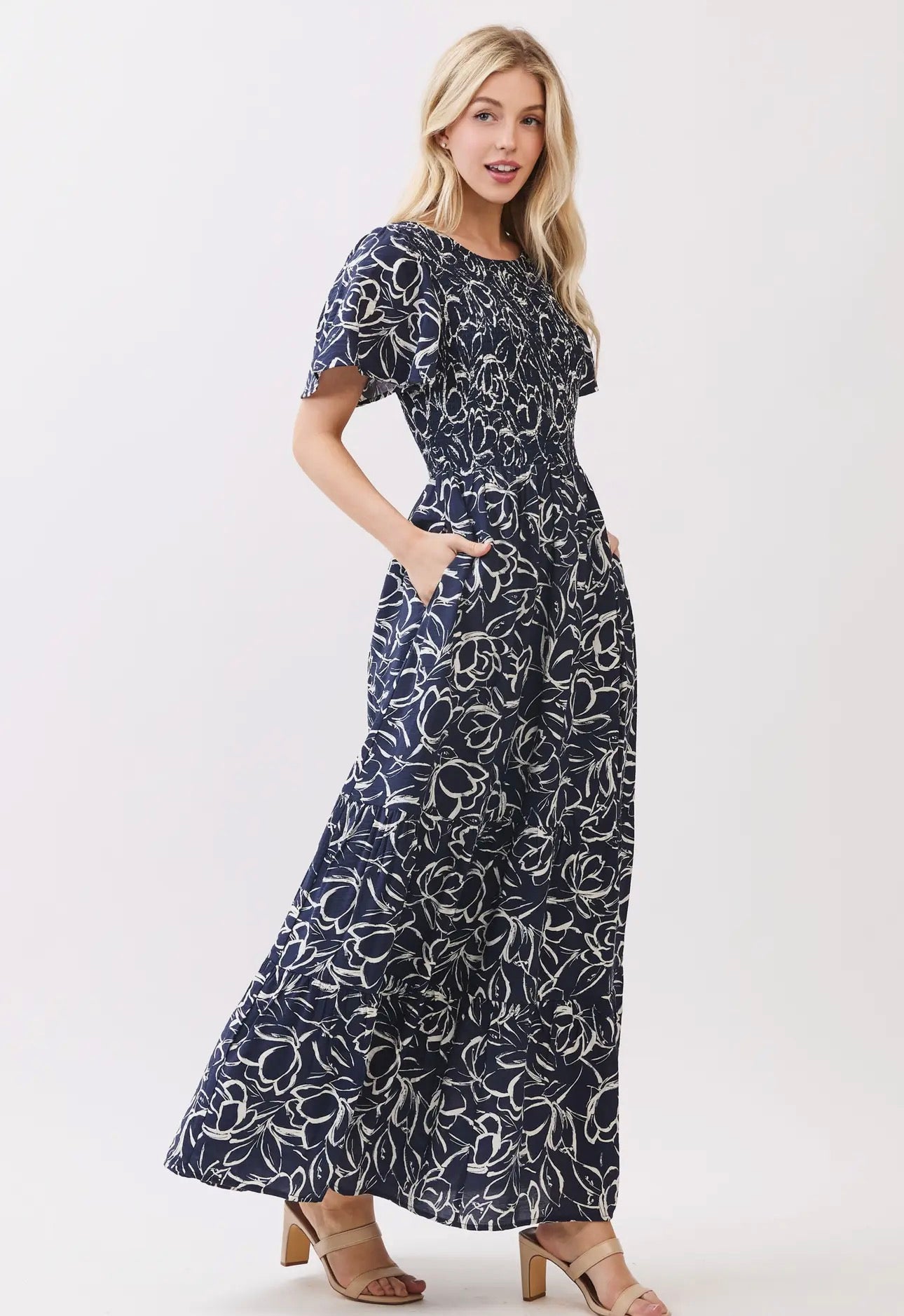 Round Neck Front and Back Smocked Dress - Graphite
