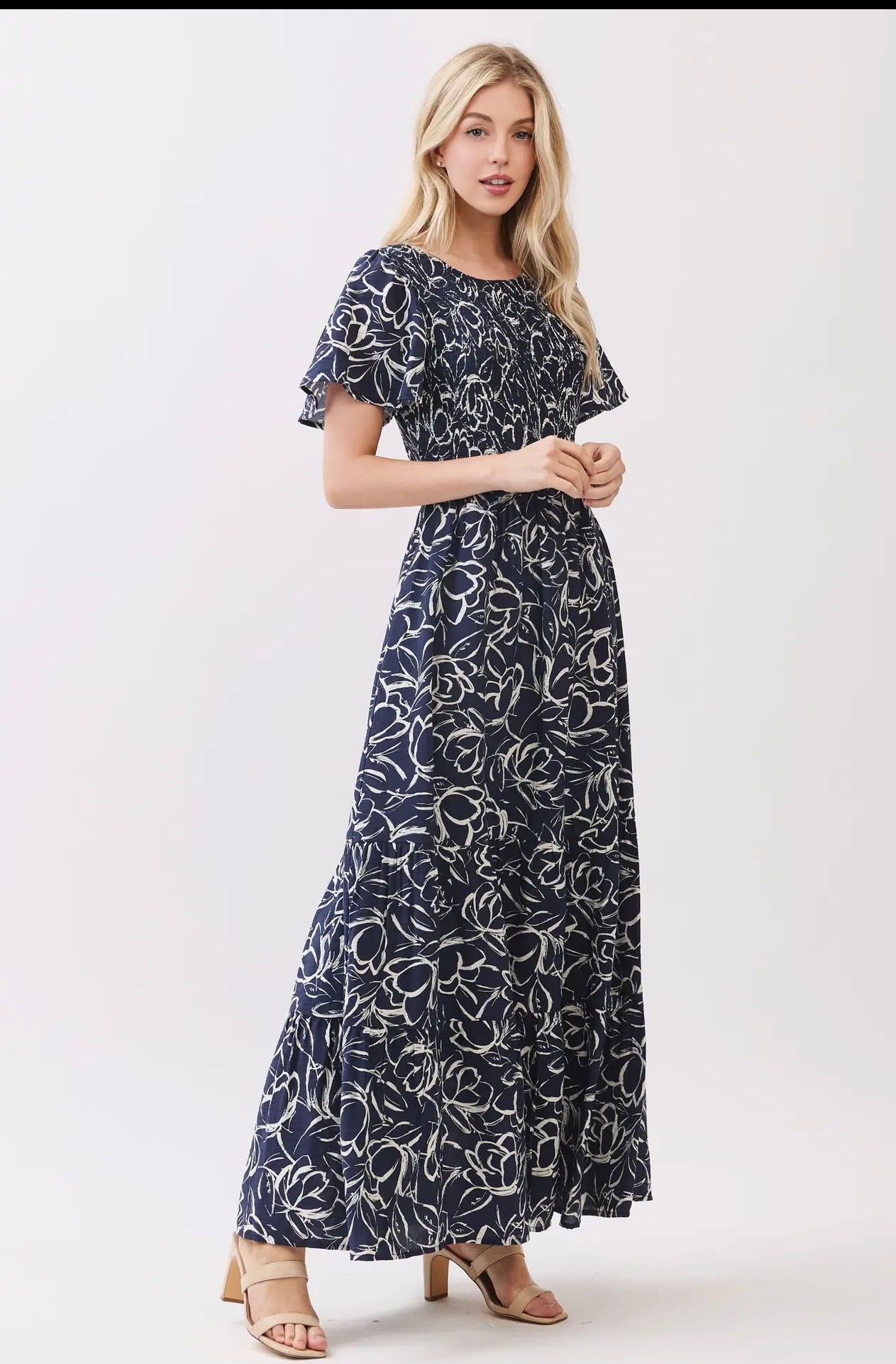 Round Neck Front and Back Smocked Dress - Graphite