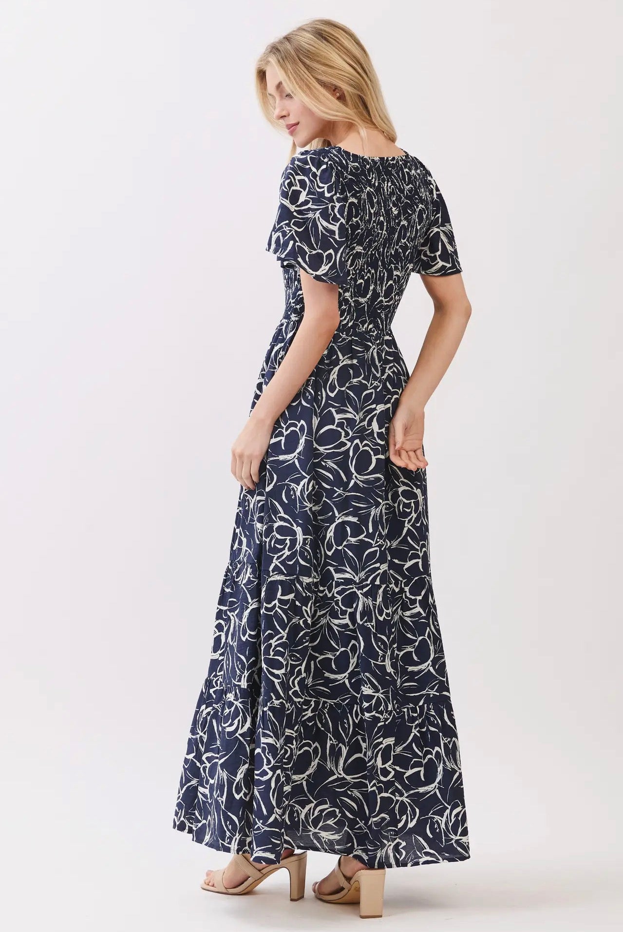 Round Neck Front and Back Smocked Dress - Graphite