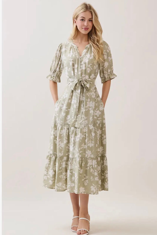 V Neck Waist Tie Tiered Midi Dress - Sage Green