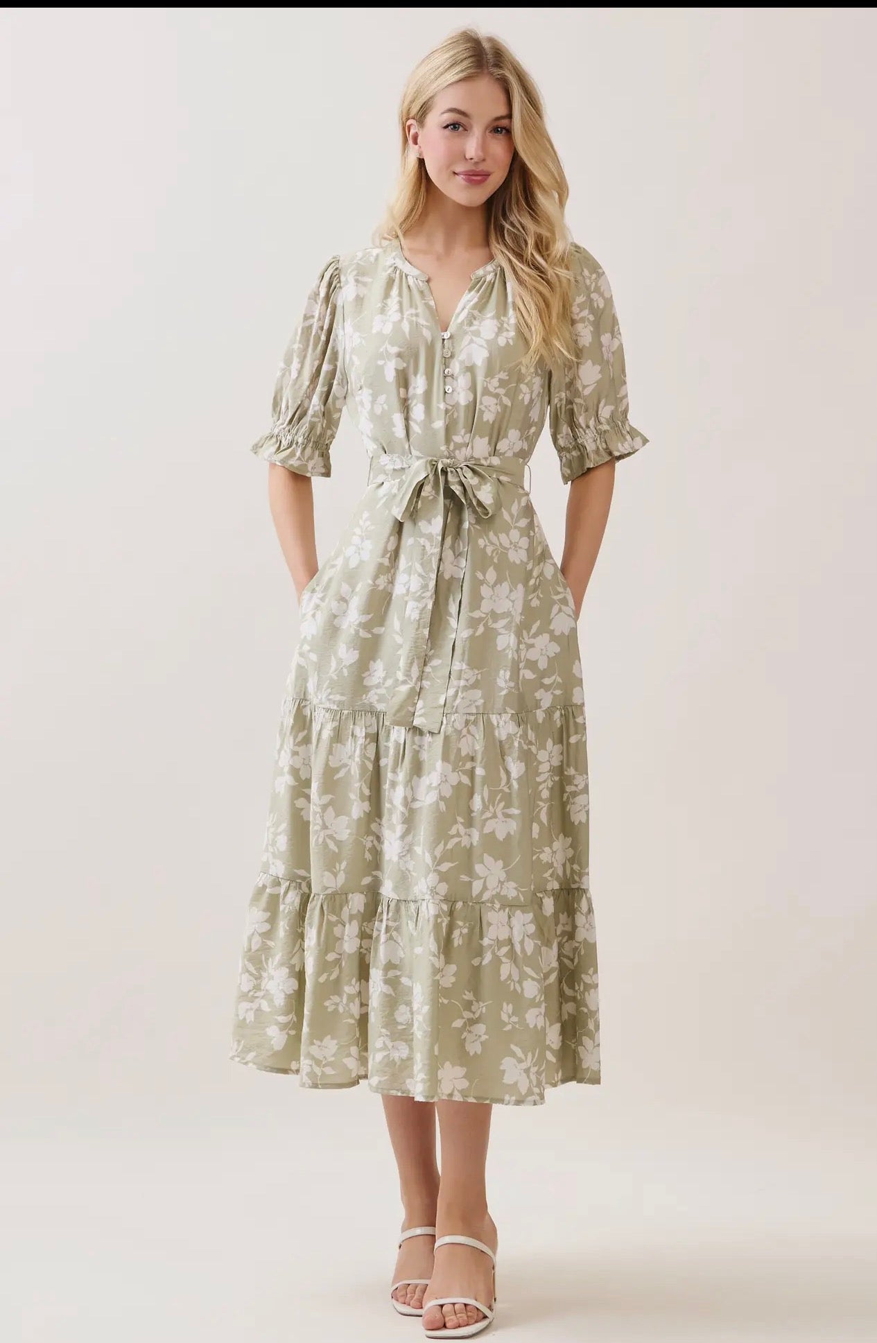 V Neck Waist Tie Tiered Midi Dress - Sage Green