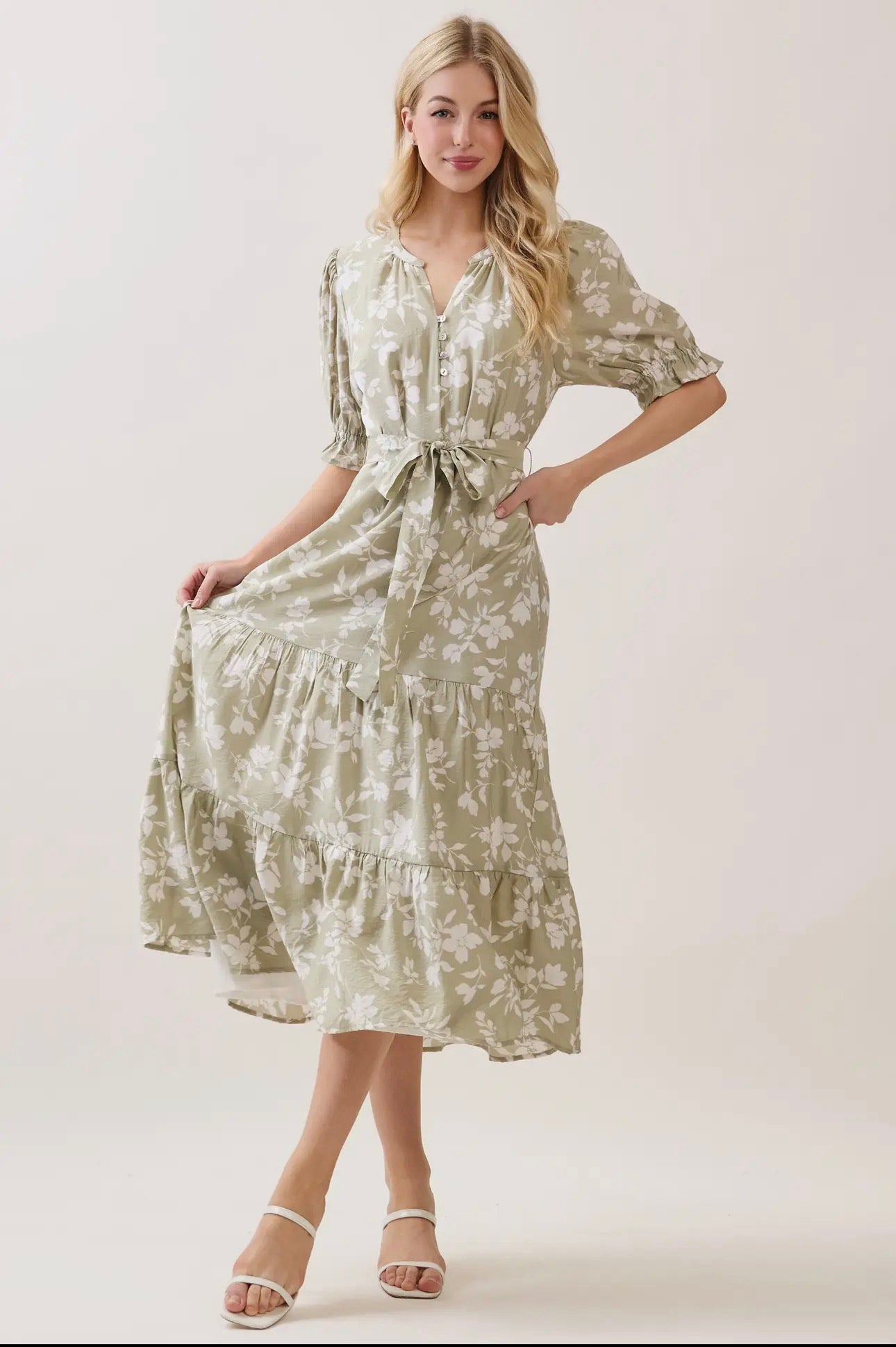 V Neck Waist Tie Tiered Midi Dress - Sage Green