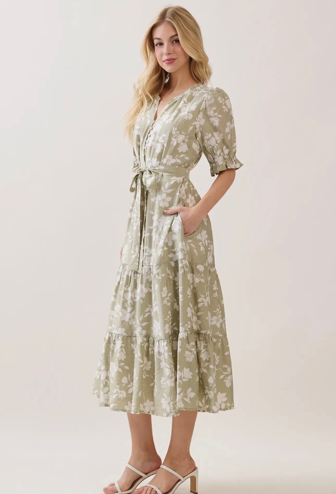 V Neck Waist Tie Tiered Midi Dress - Sage Green