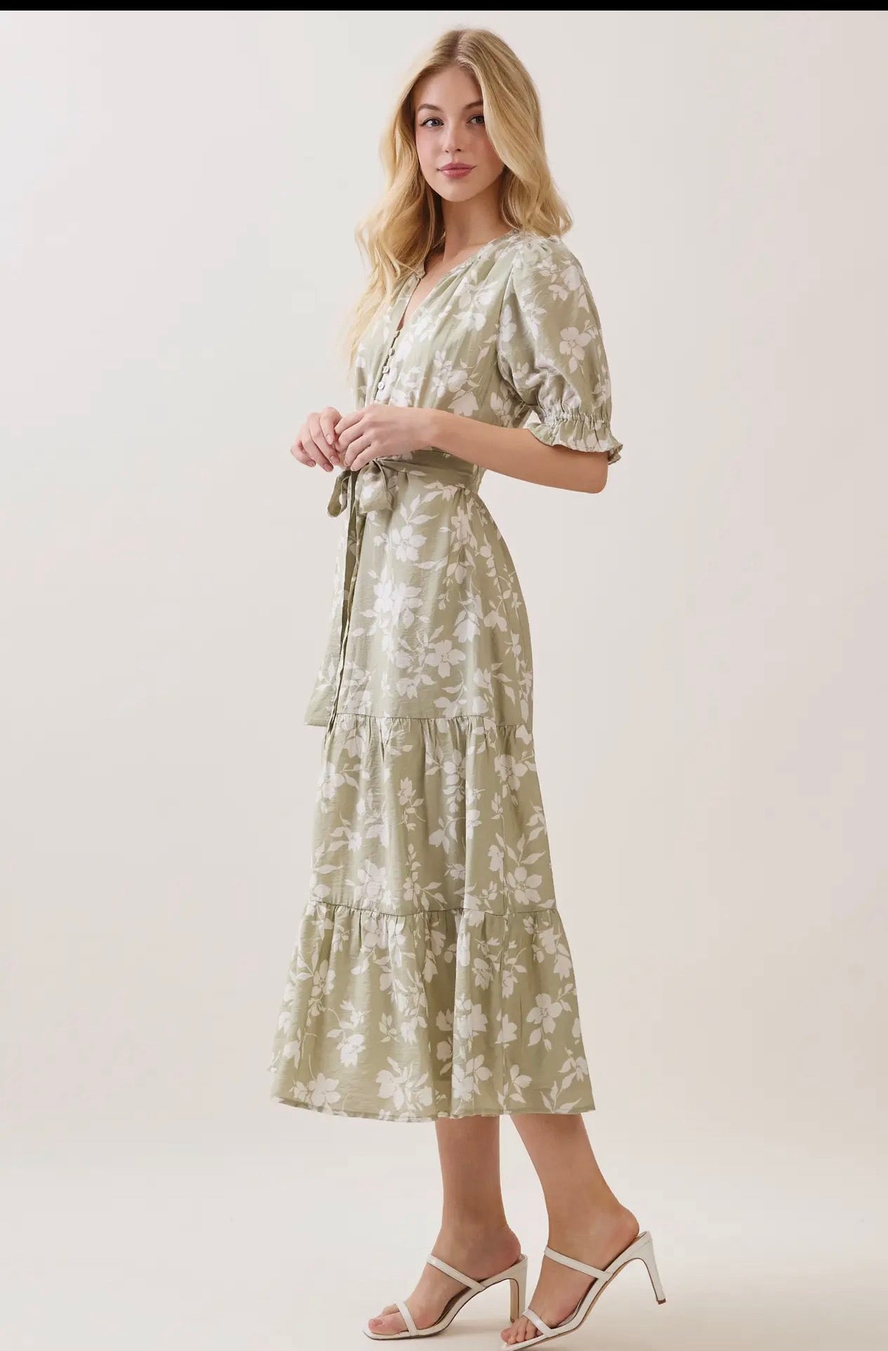 V Neck Waist Tie Tiered Midi Dress - Sage Green