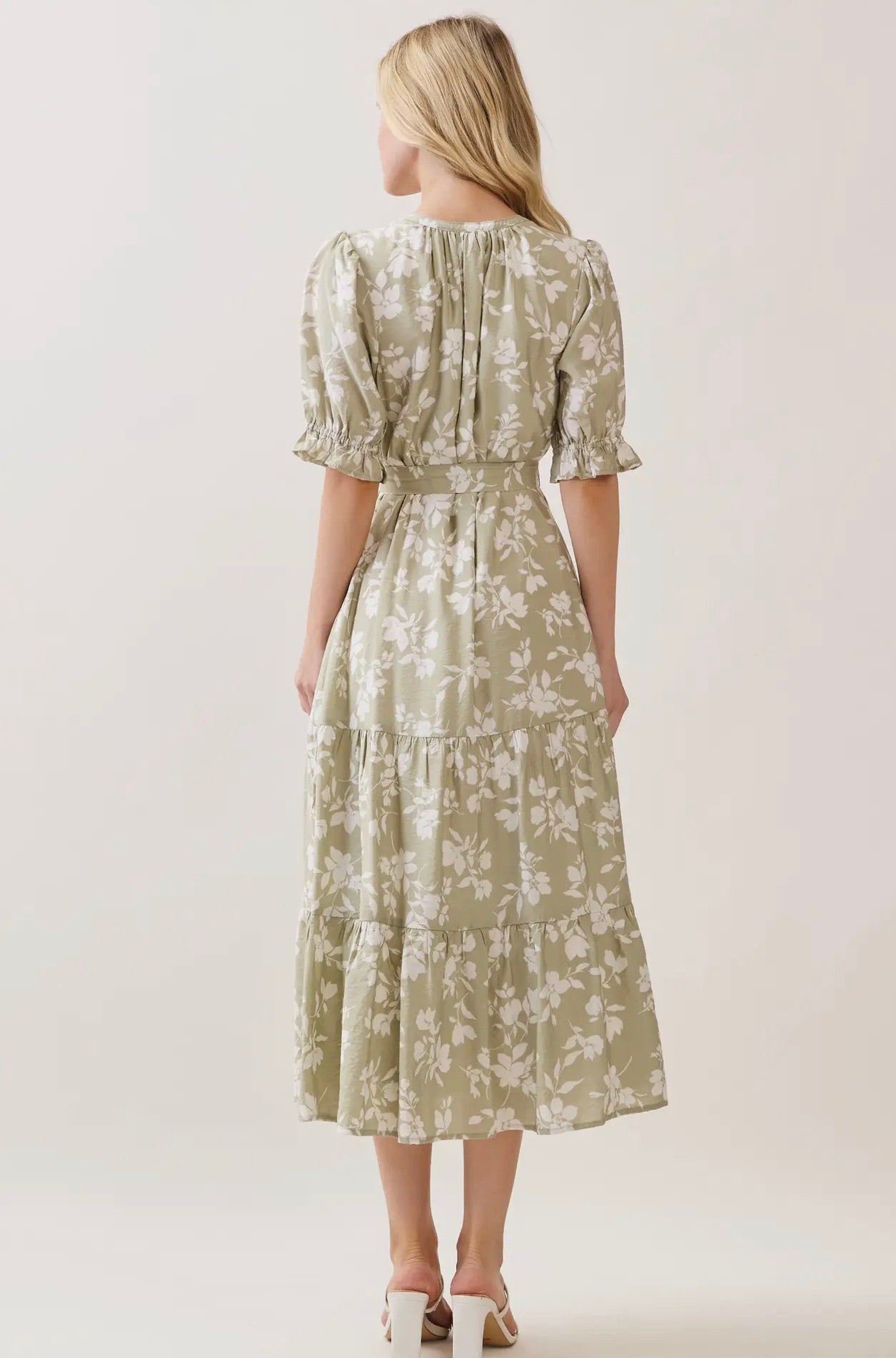 V Neck Waist Tie Tiered Midi Dress - Sage Green