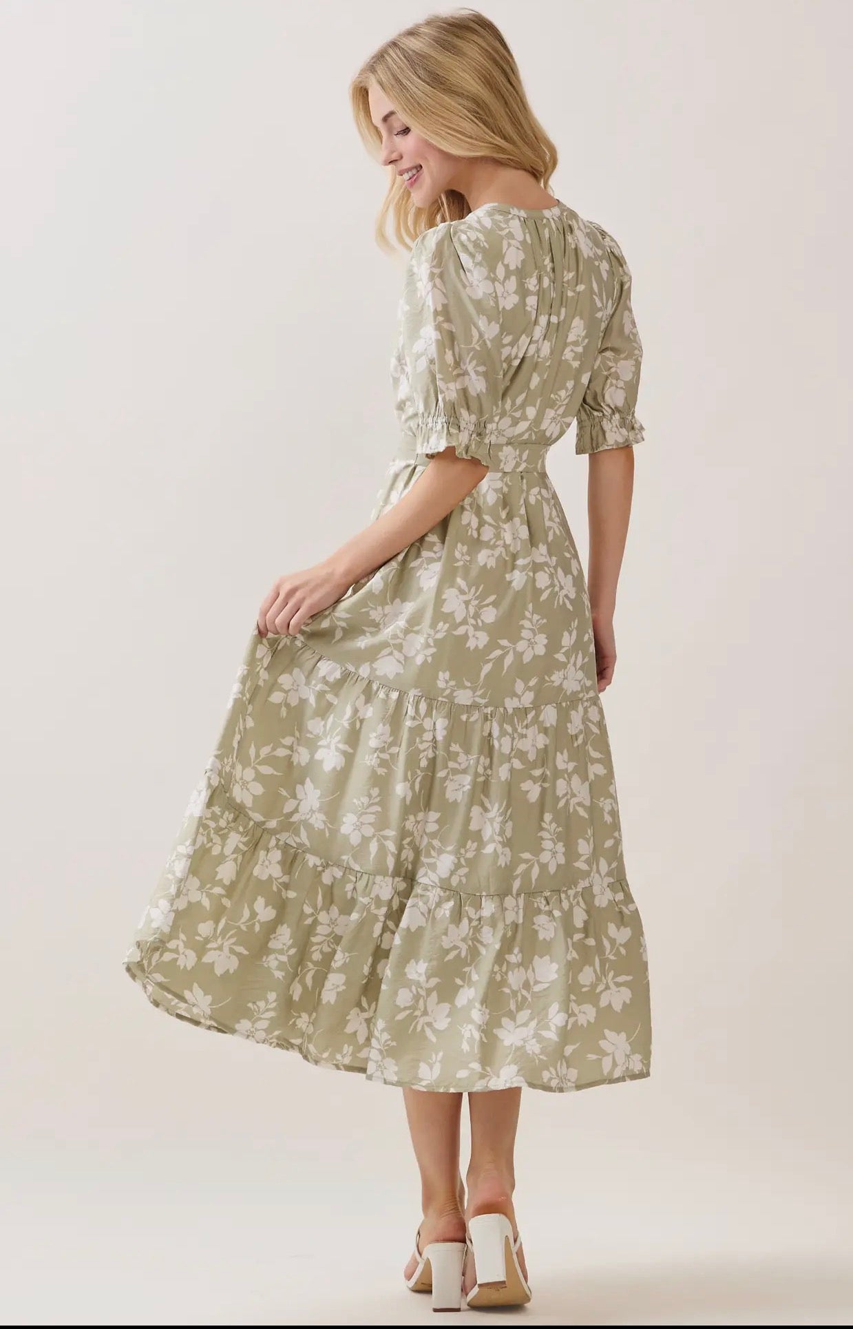 V Neck Waist Tie Tiered Midi Dress - Sage Green