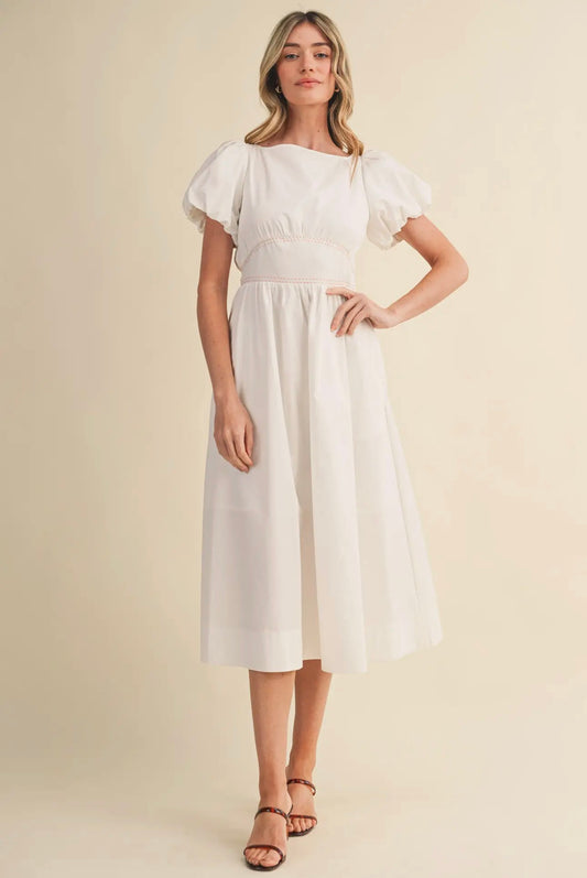 Boat Neck Contrast Waist Bow Tie Midi Dress