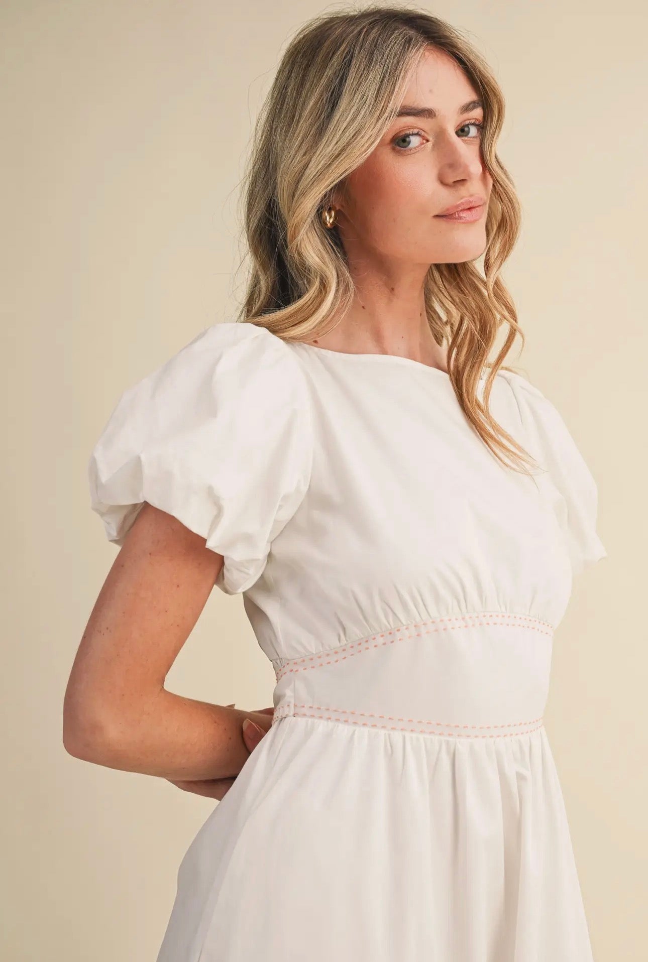 Boat Neck Contrast Waist Bow Tie Midi Dress