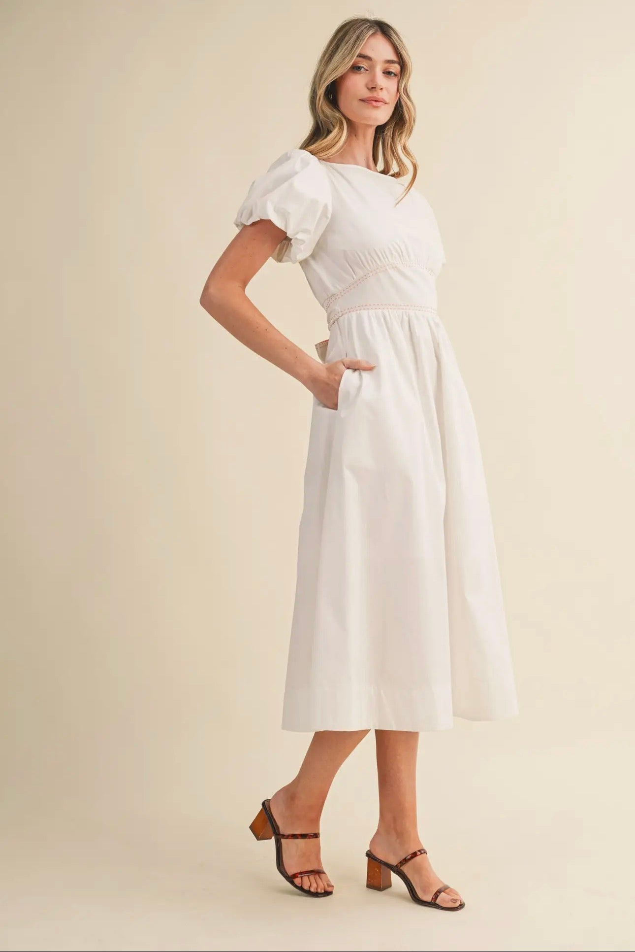 Boat Neck Contrast Waist Bow Tie Midi Dress