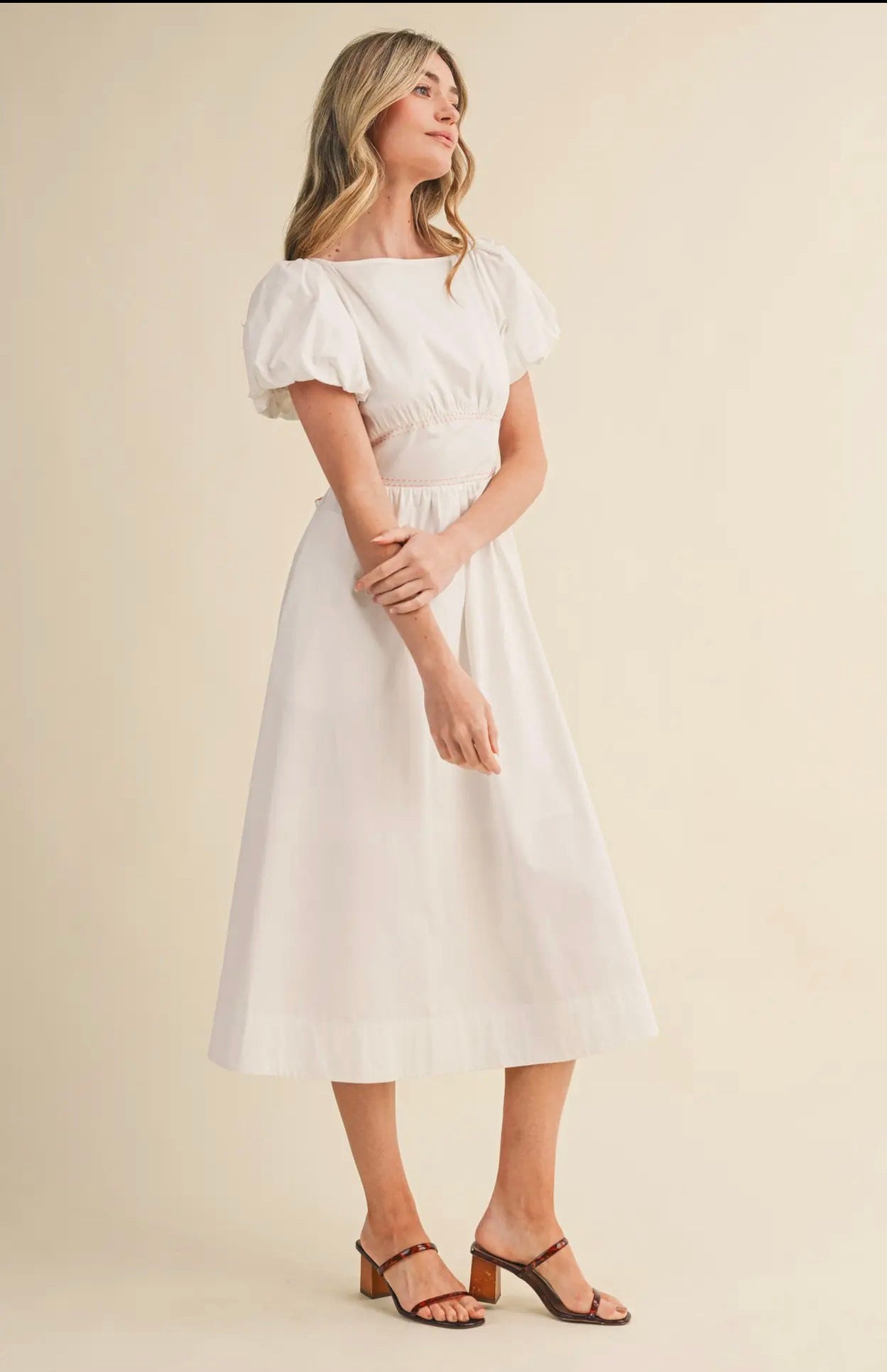 Boat Neck Contrast Waist Bow Tie Midi Dress
