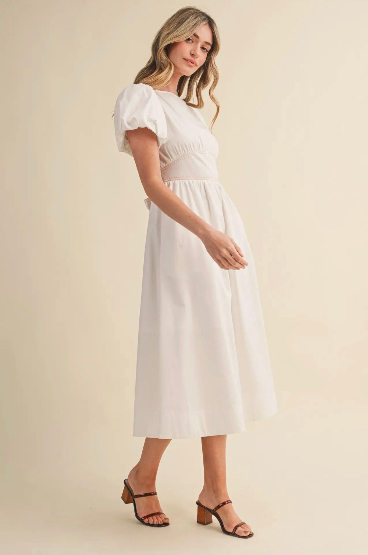 Boat Neck Contrast Waist Bow Tie Midi Dress