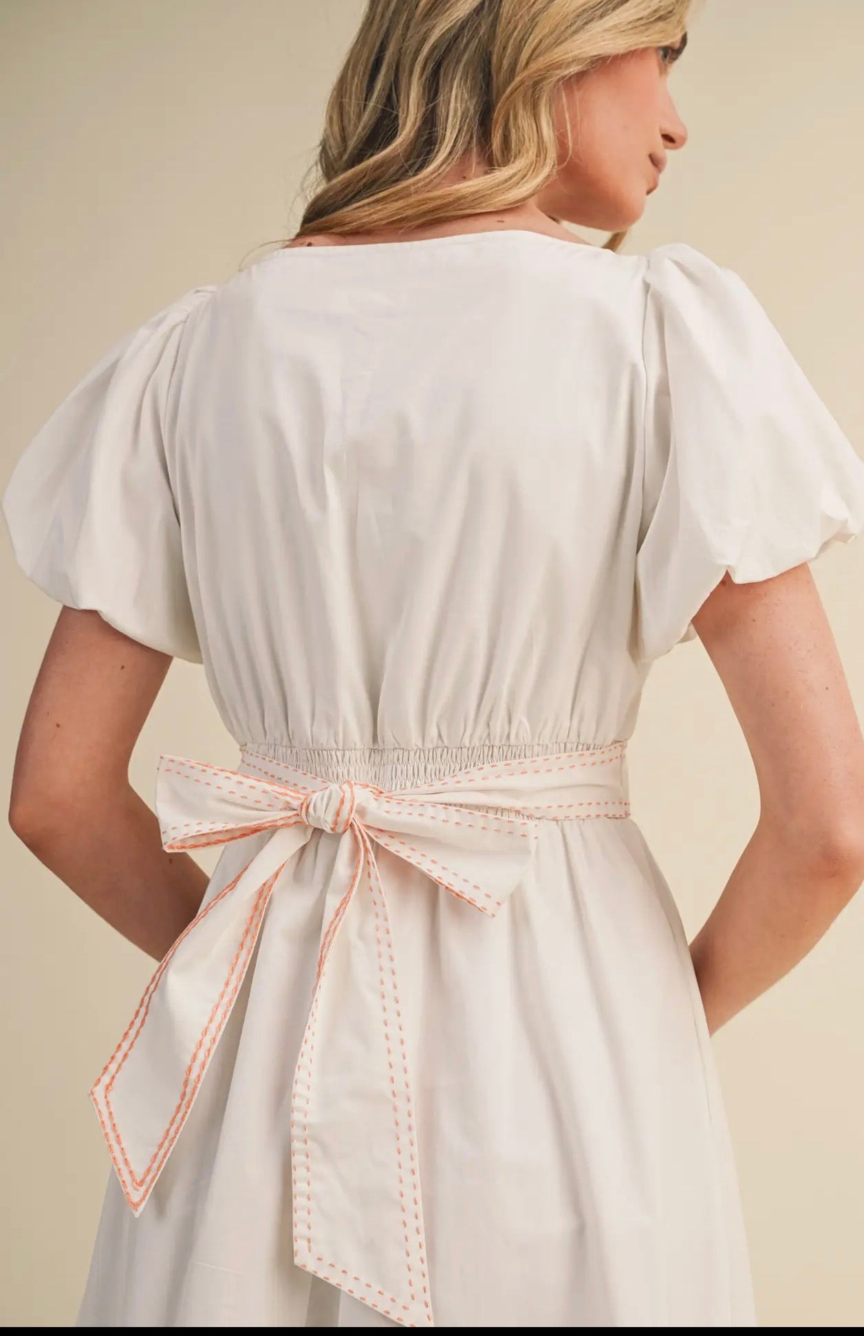 Boat Neck Contrast Waist Bow Tie Midi Dress