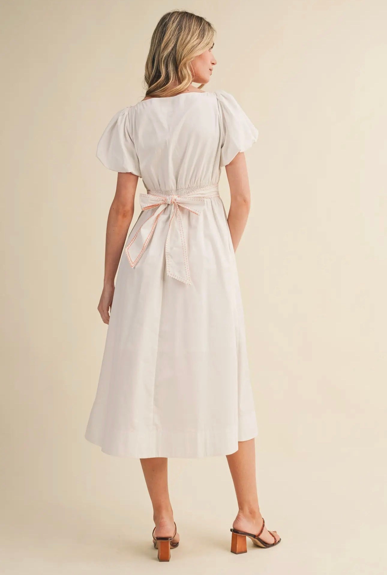 Boat Neck Contrast Waist Bow Tie Midi Dress
