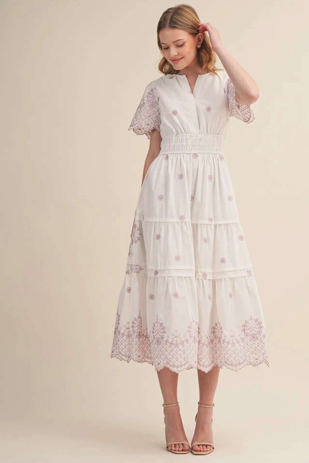 Floral Embroidery Tiered Midi Dress - Opera Mauve Floral
