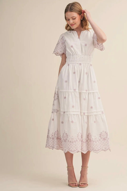 Floral Embroidery Tiered Midi Dress - Opera Mauve Floral