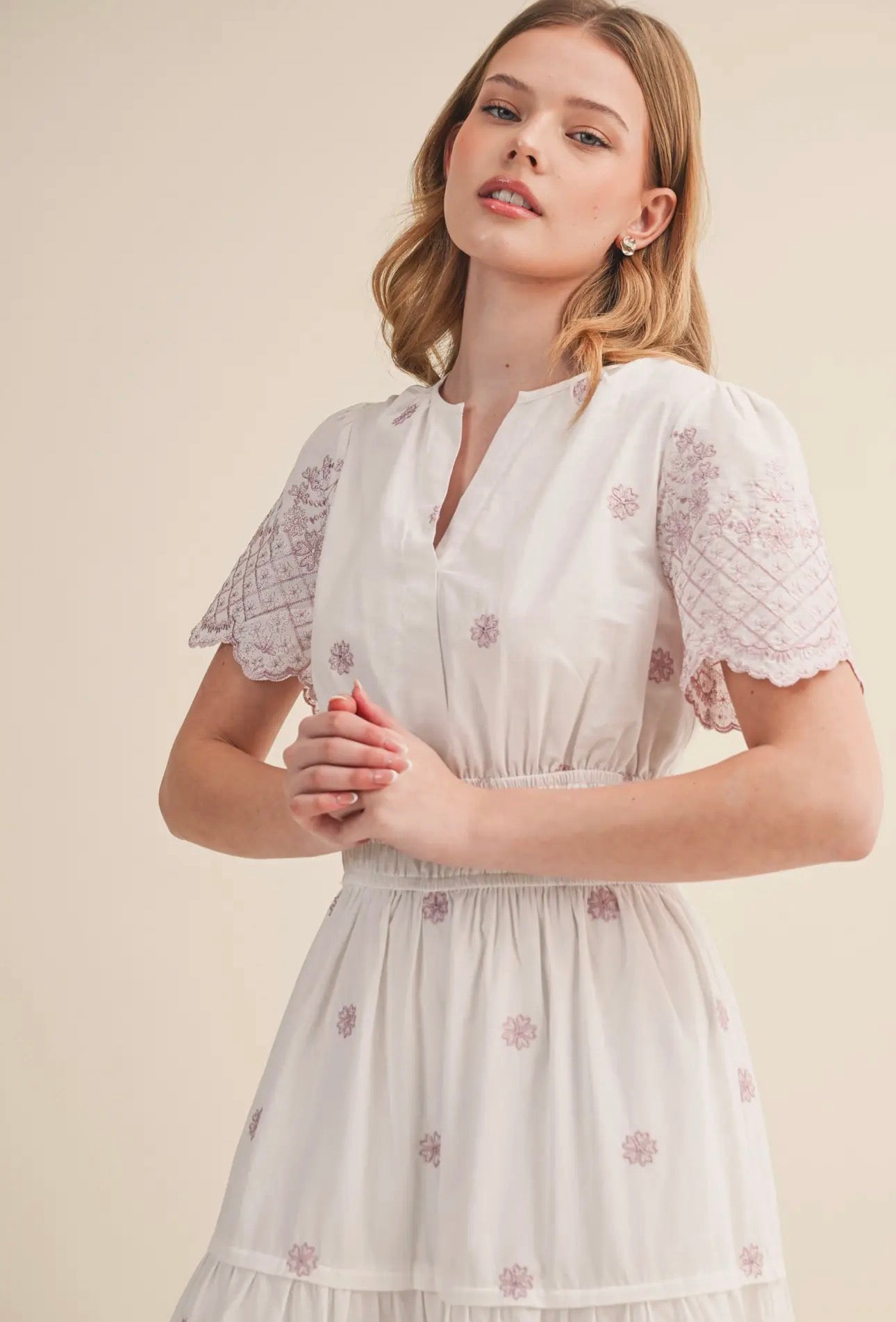 Floral Embroidery Tiered Midi Dress - Opera Mauve Floral