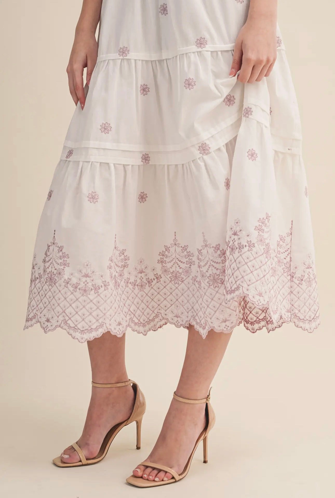Floral Embroidery Tiered Midi Dress - Opera Mauve Floral