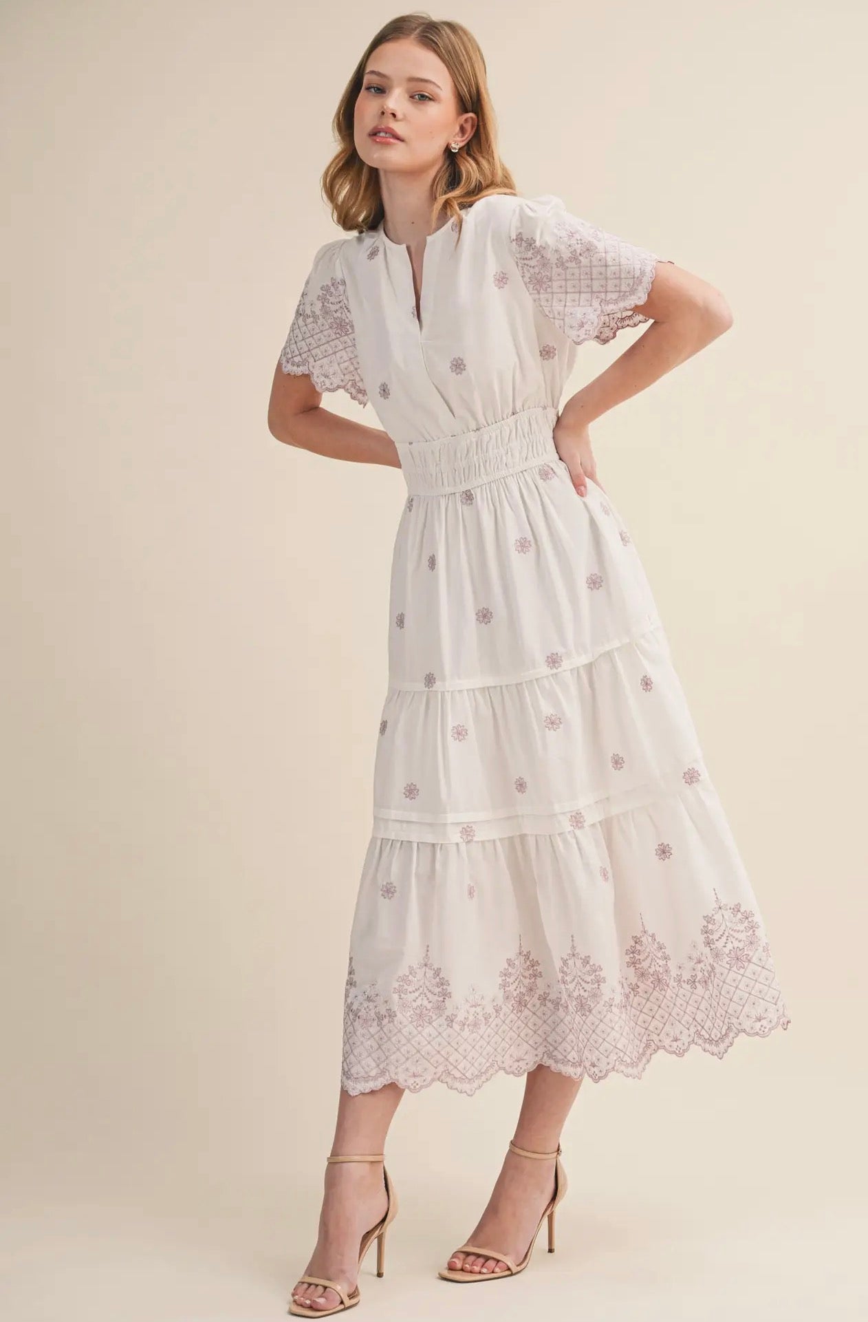 Floral Embroidery Tiered Midi Dress - Opera Mauve Floral