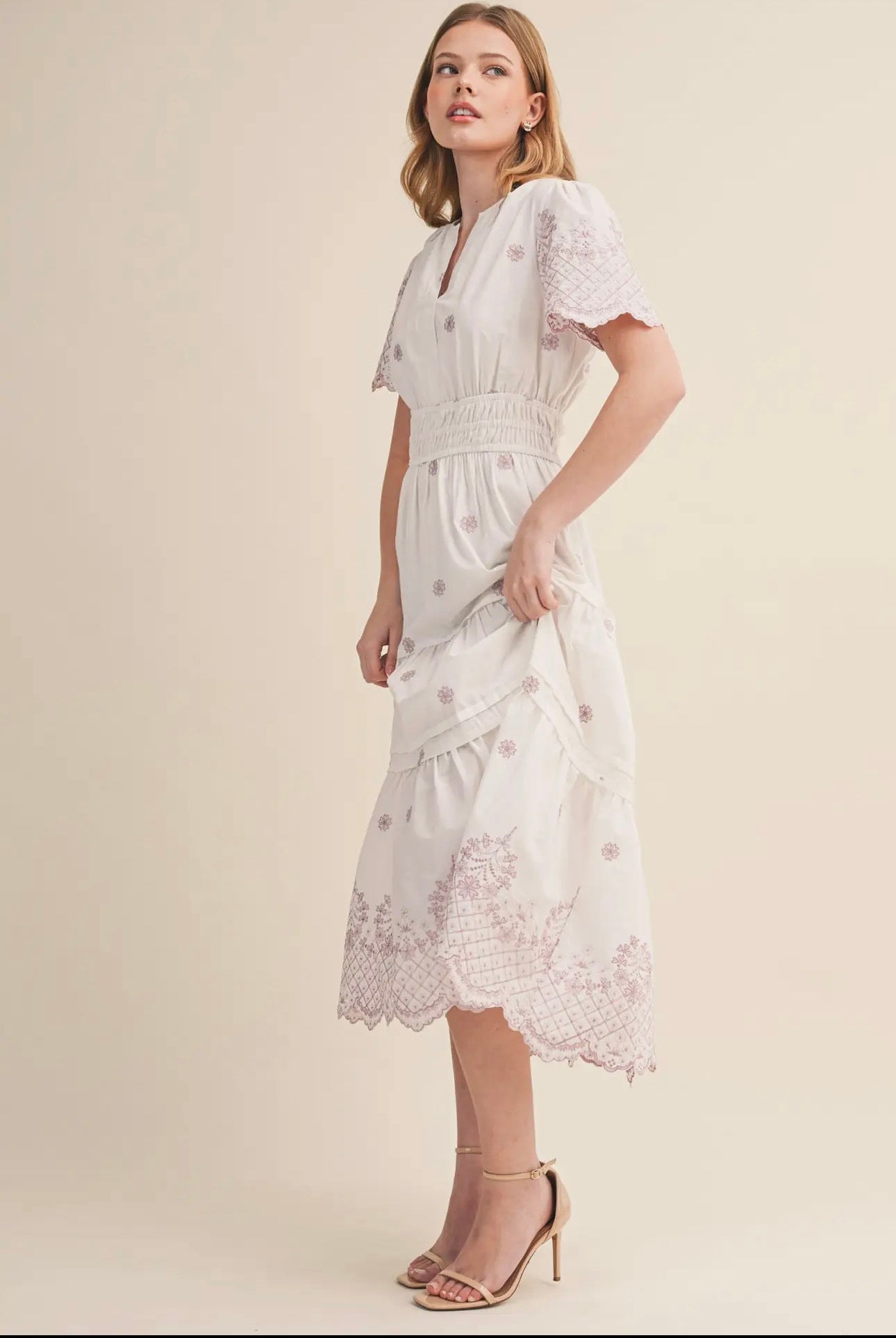 Floral Embroidery Tiered Midi Dress - Opera Mauve Floral