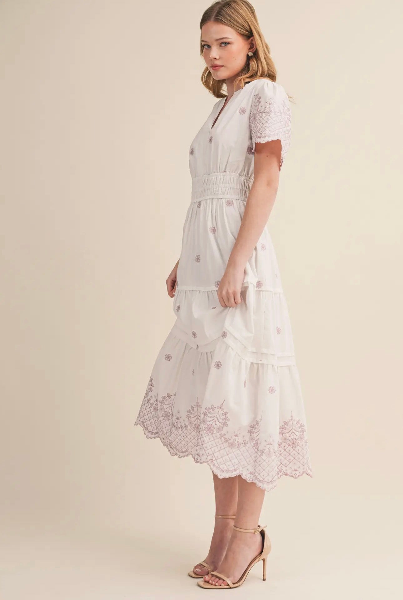 Floral Embroidery Tiered Midi Dress - Opera Mauve Floral