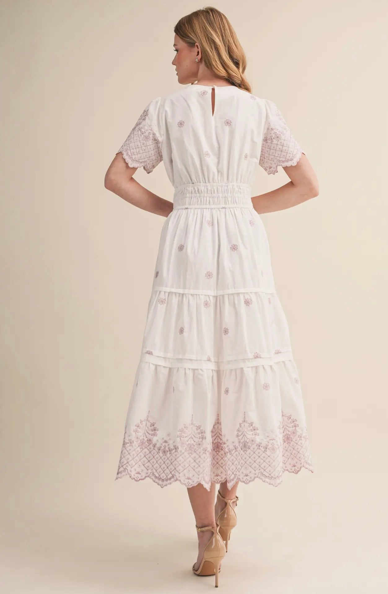 Floral Embroidery Tiered Midi Dress - Opera Mauve Floral