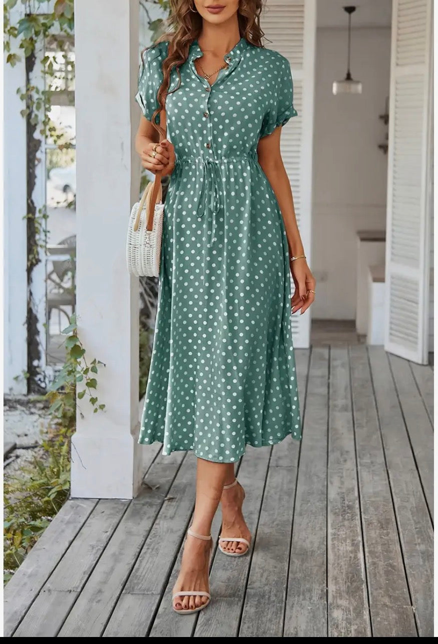 Polka Dot Neck Button Belt Long Dress - Green and Navy