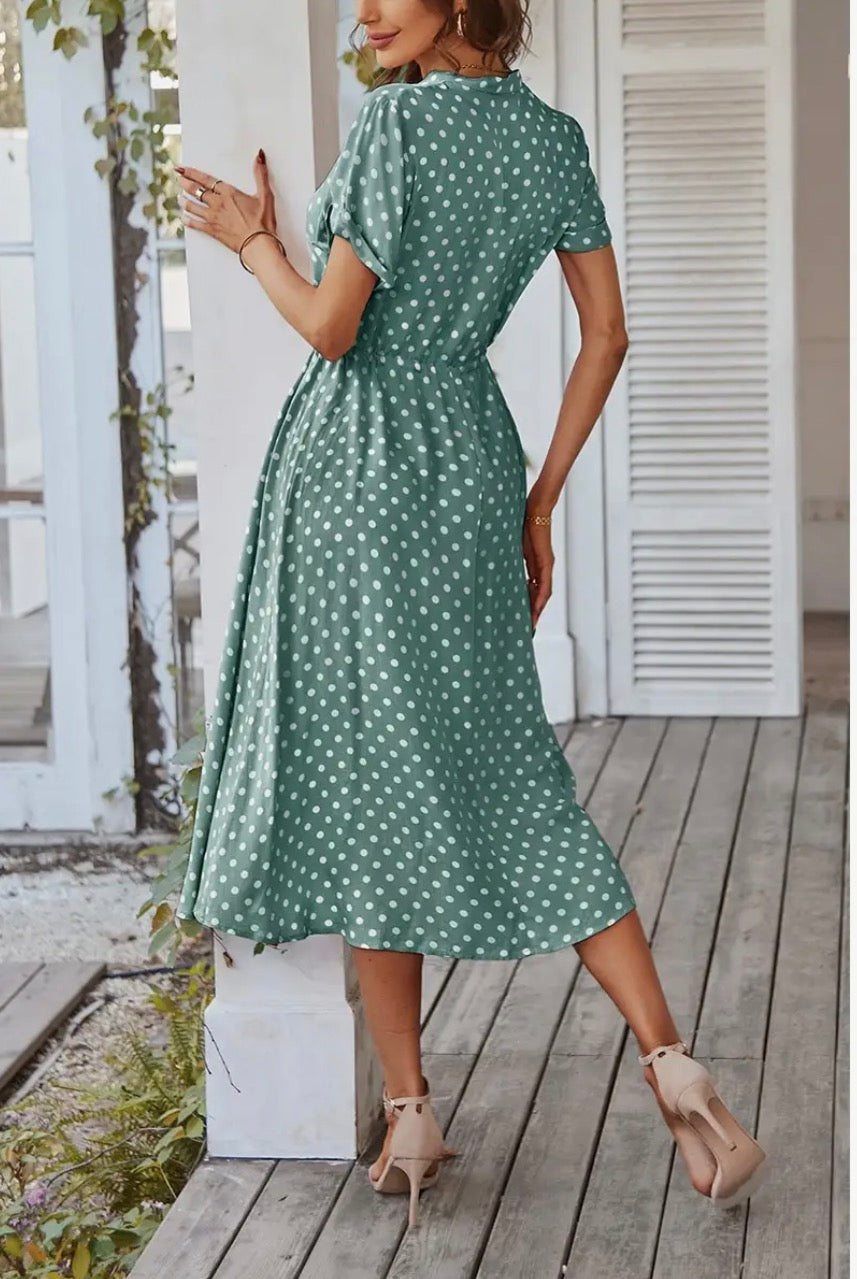 Polka Dot Neck Button Belt Long Dress - Green and Navy