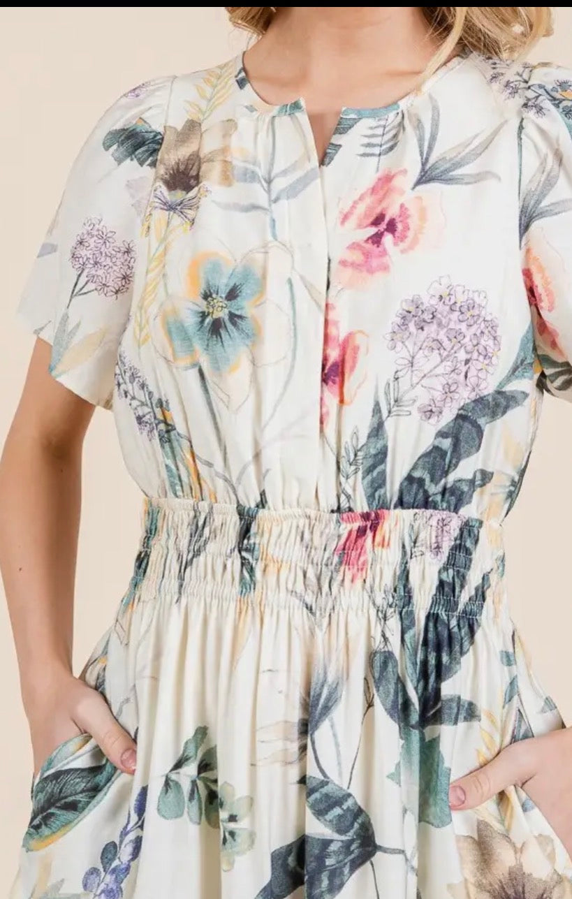 Floral Print Split Neck Tiered Maxi Dress - Ivory Combo