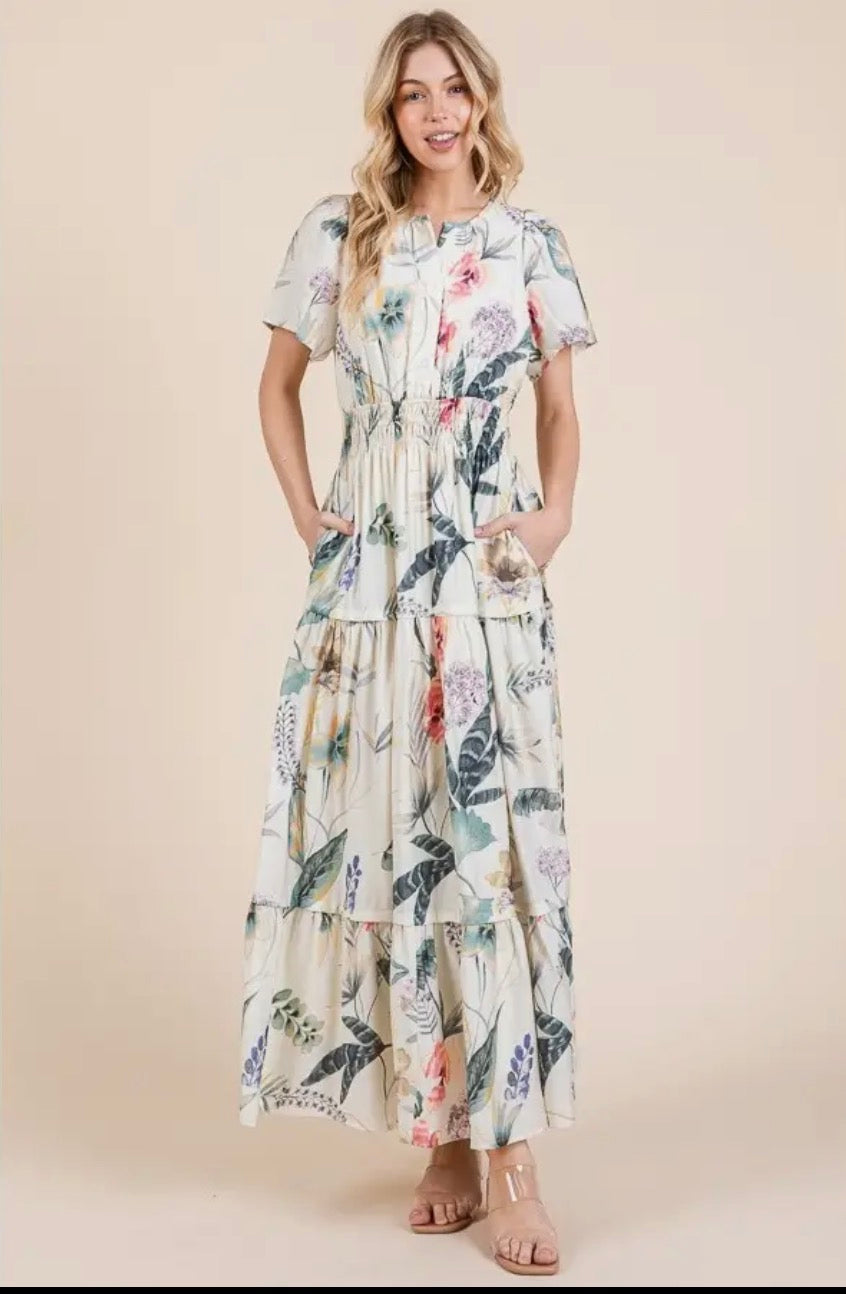 Floral Print Split Neck Tiered Maxi Dress - Ivory Combo