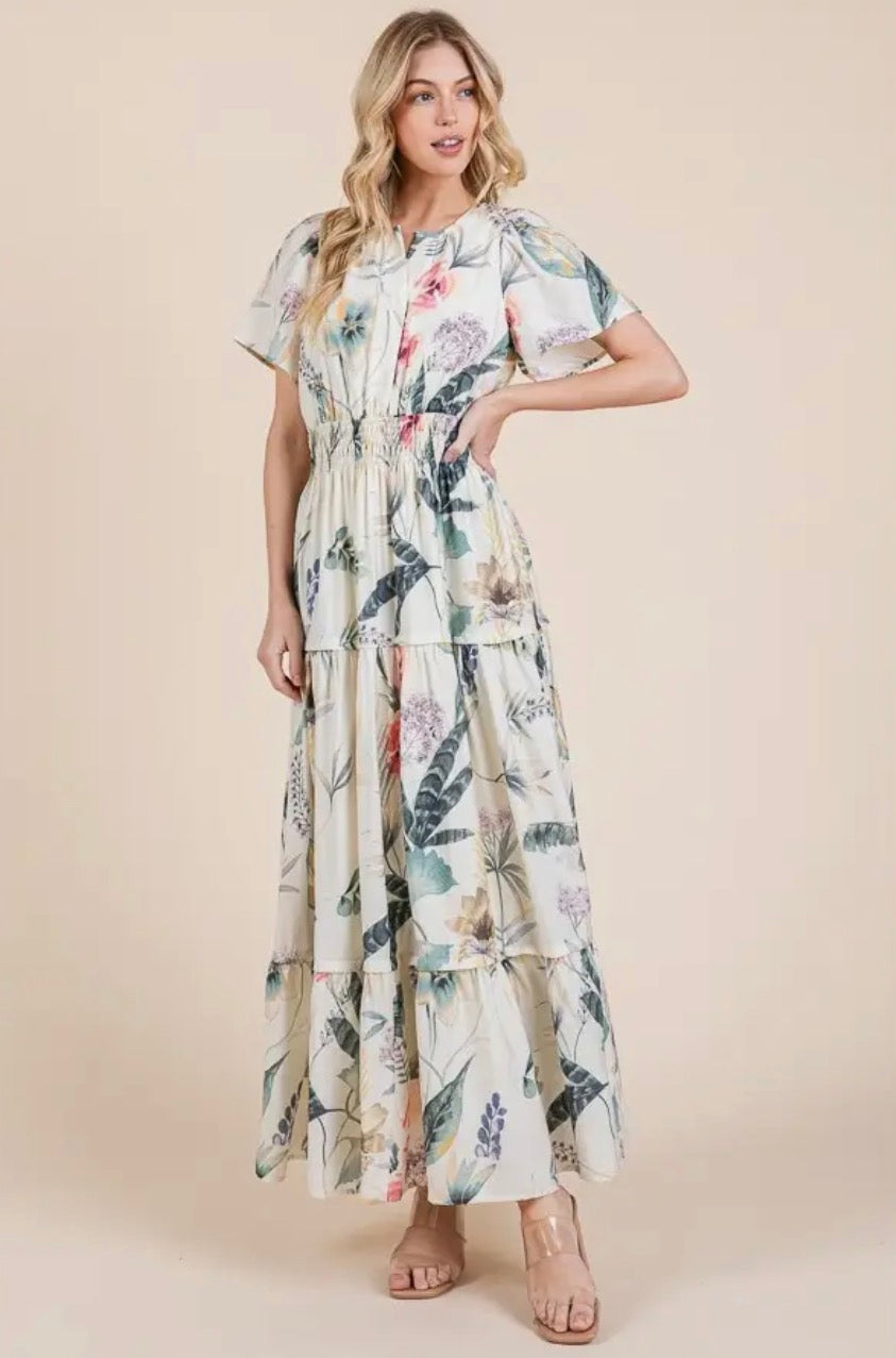 Floral Print Split Neck Tiered Maxi Dress - Ivory Combo