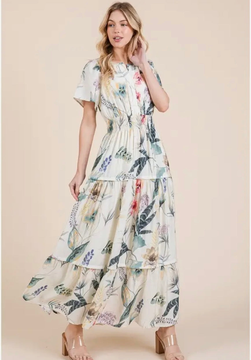 Floral Print Split Neck Tiered Maxi Dress - Ivory Combo