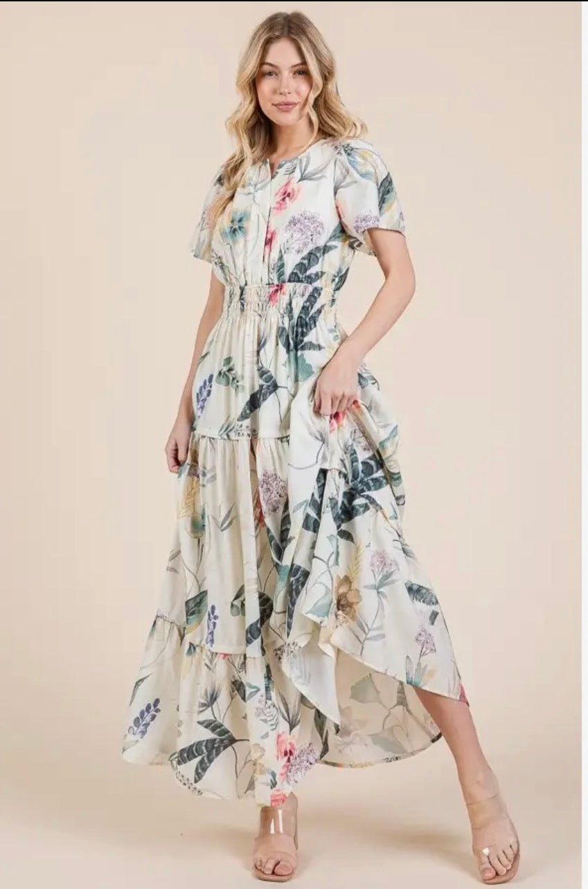 Floral Print Split Neck Tiered Maxi Dress - Ivory Combo