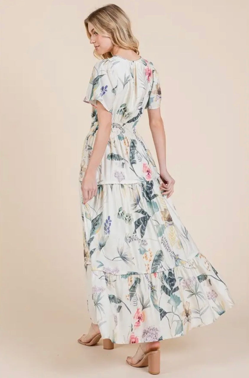 Floral Print Split Neck Tiered Maxi Dress - Ivory Combo