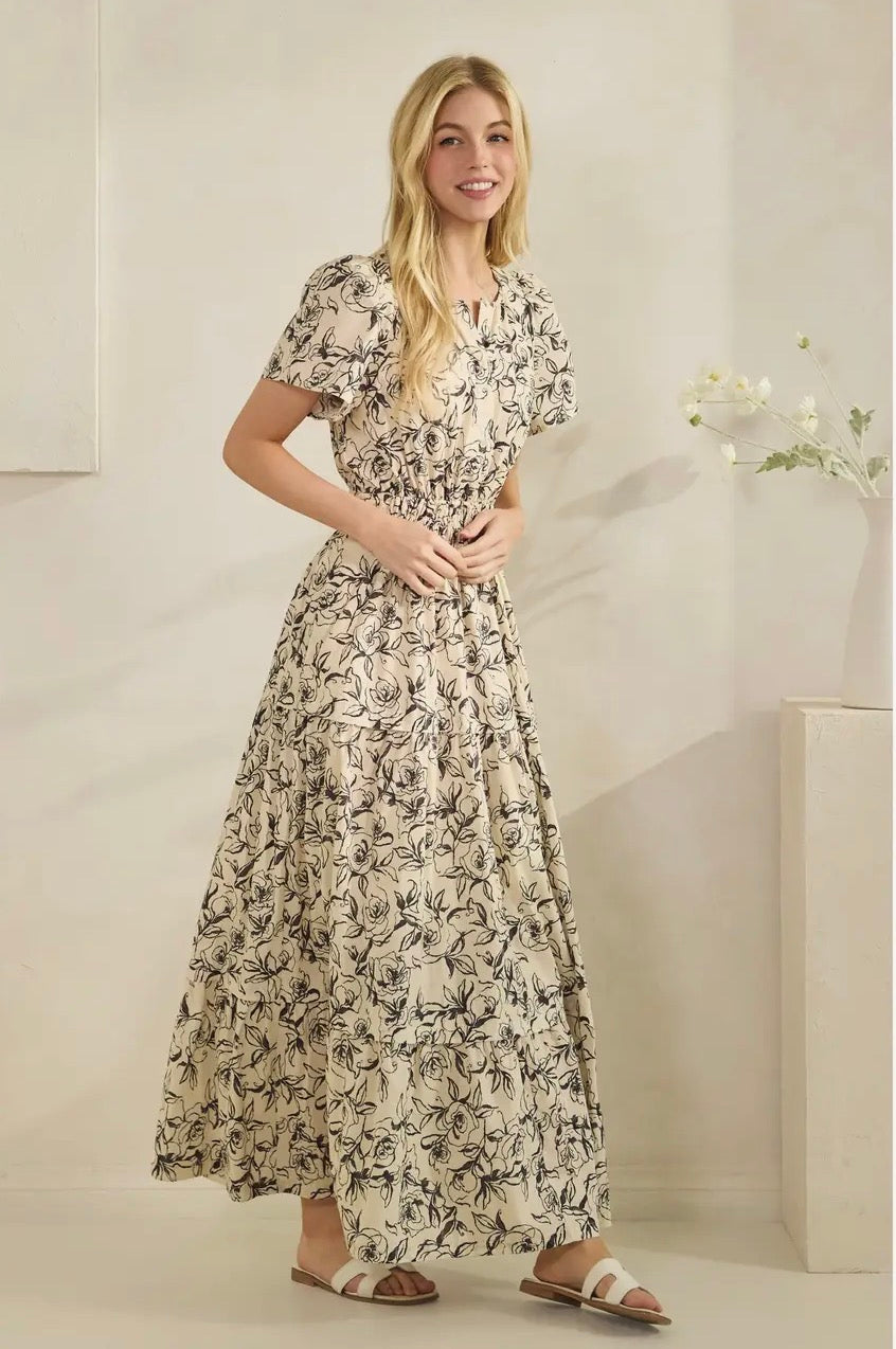 Romantic Rose Print Smocked Tiered Short Sleeve Maxi Dress - Ivory
