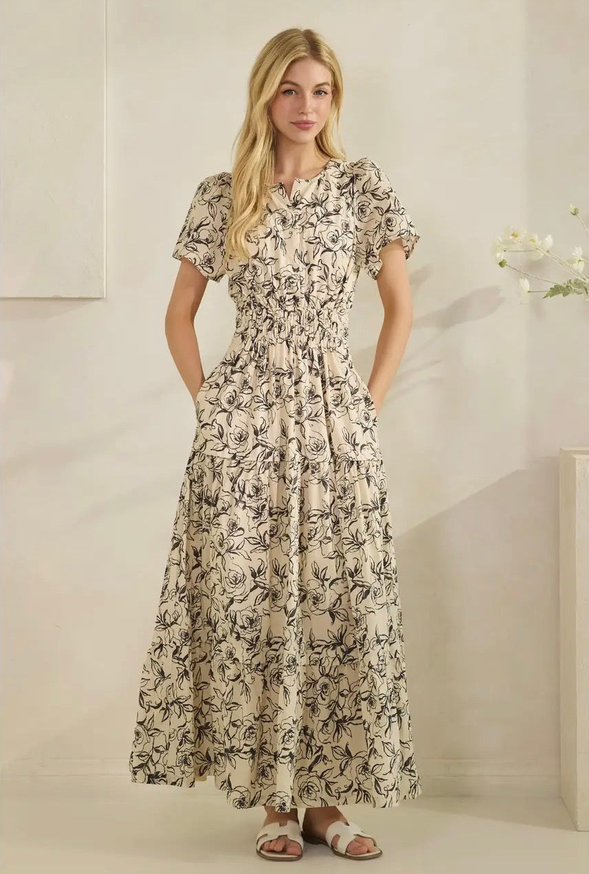 Romantic Rose Print Smocked Tiered Short Sleeve Maxi Dress - Ivory