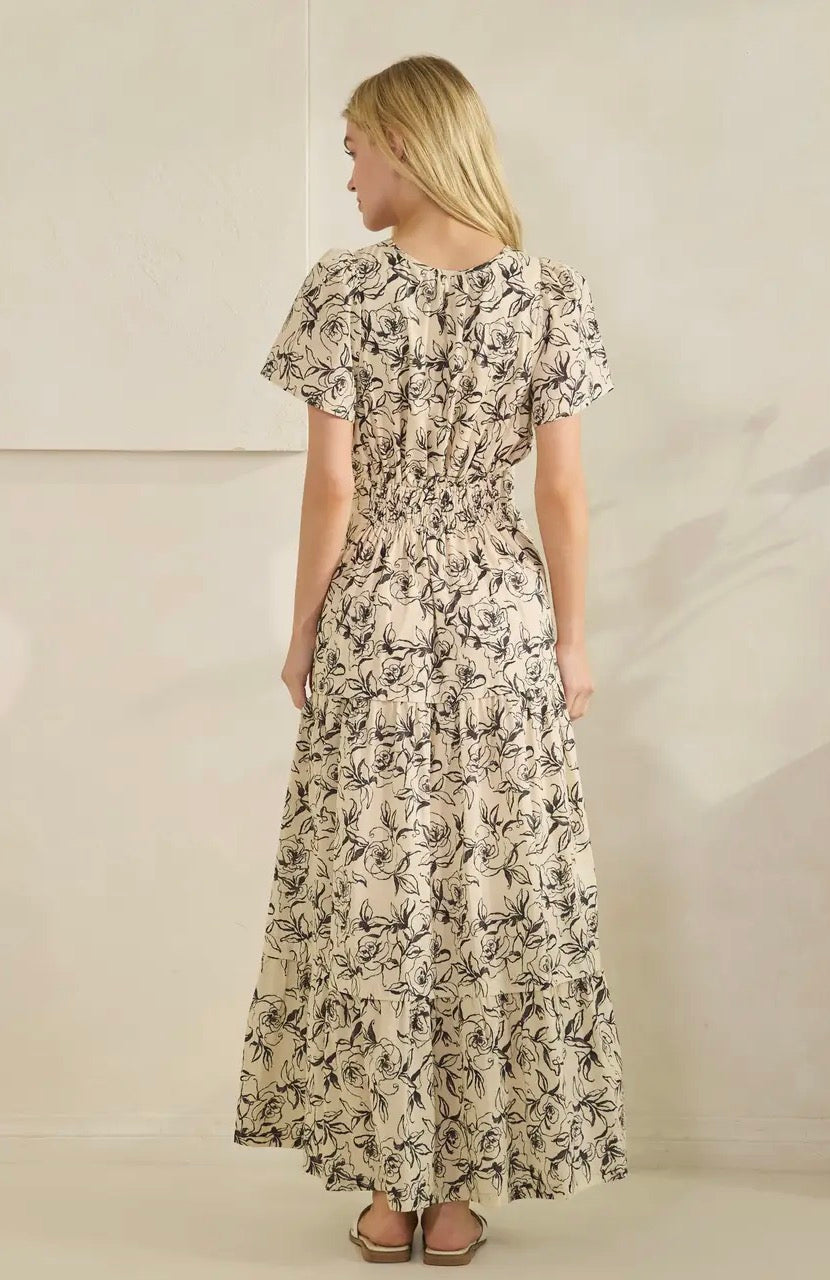 Romantic Rose Print Smocked Tiered Short Sleeve Maxi Dress - Ivory