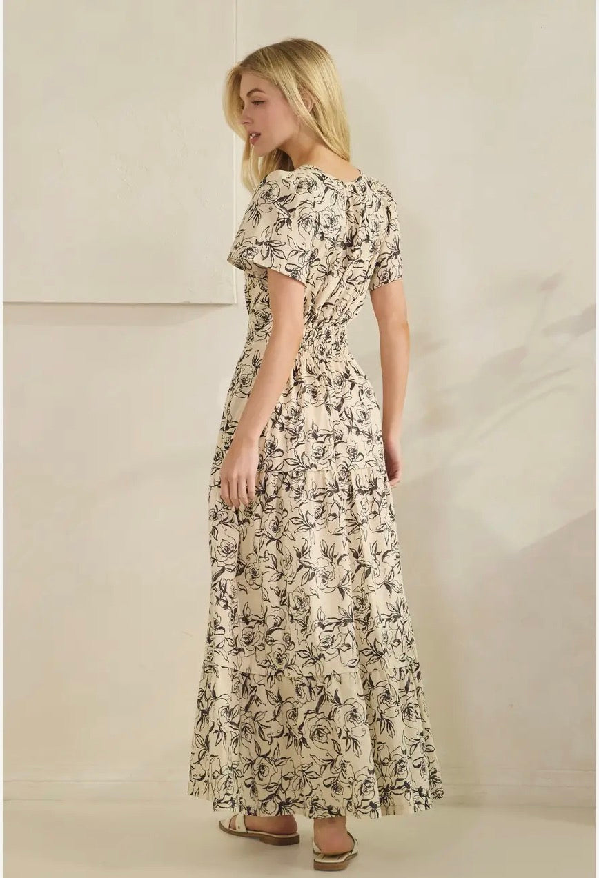 Romantic Rose Print Smocked Tiered Short Sleeve Maxi Dress - Ivory