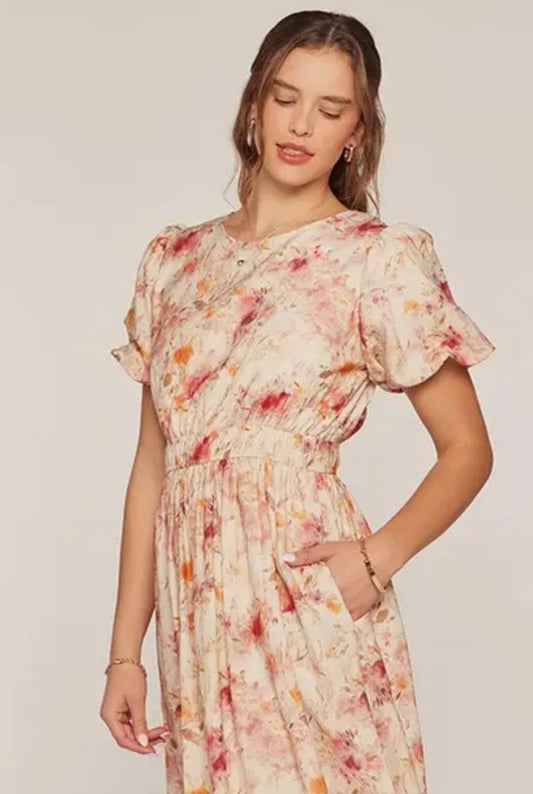 Textured Floral Print Dress - Ivory/Blush