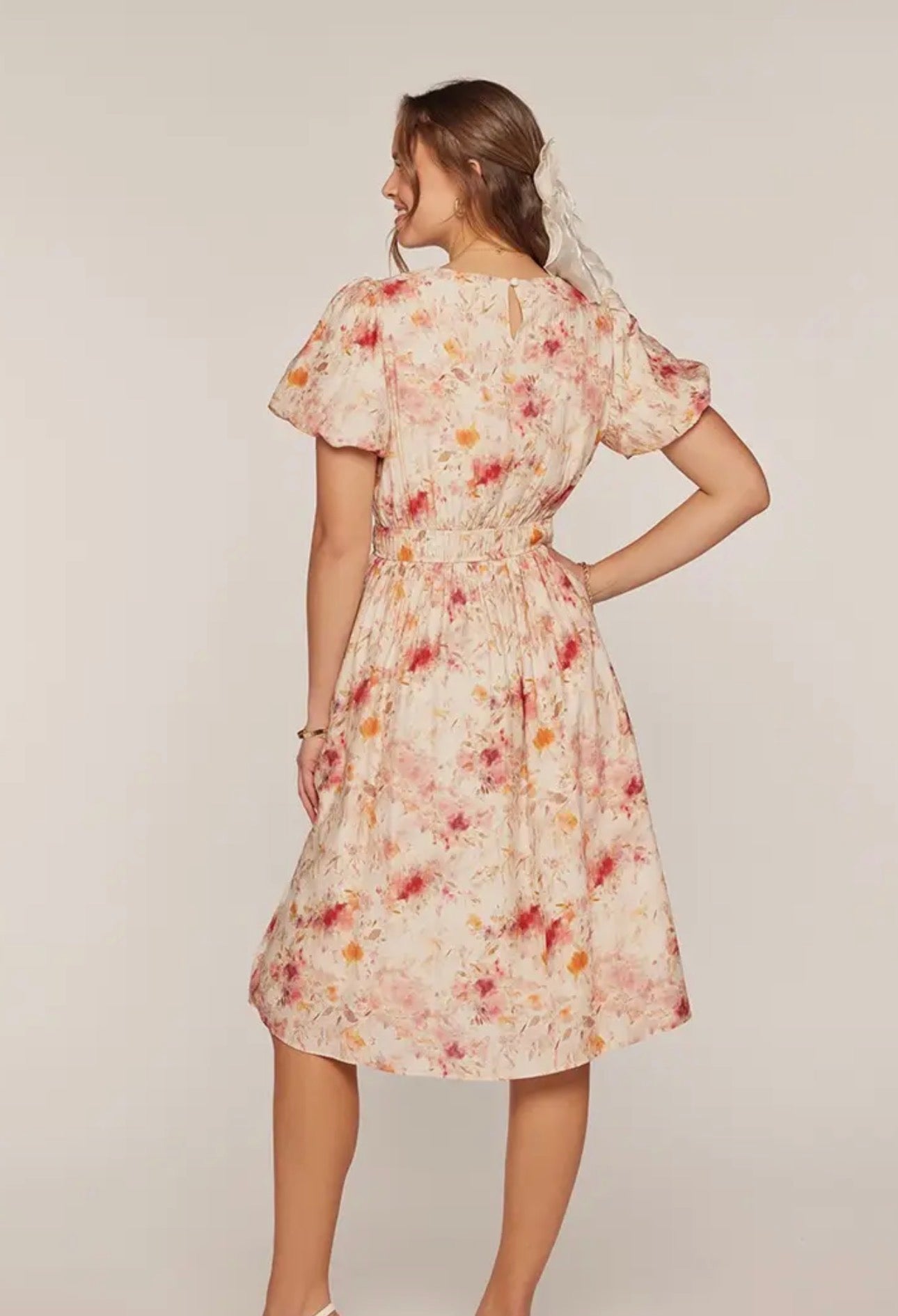 Textured Floral Print Dress - Ivory/Blush
