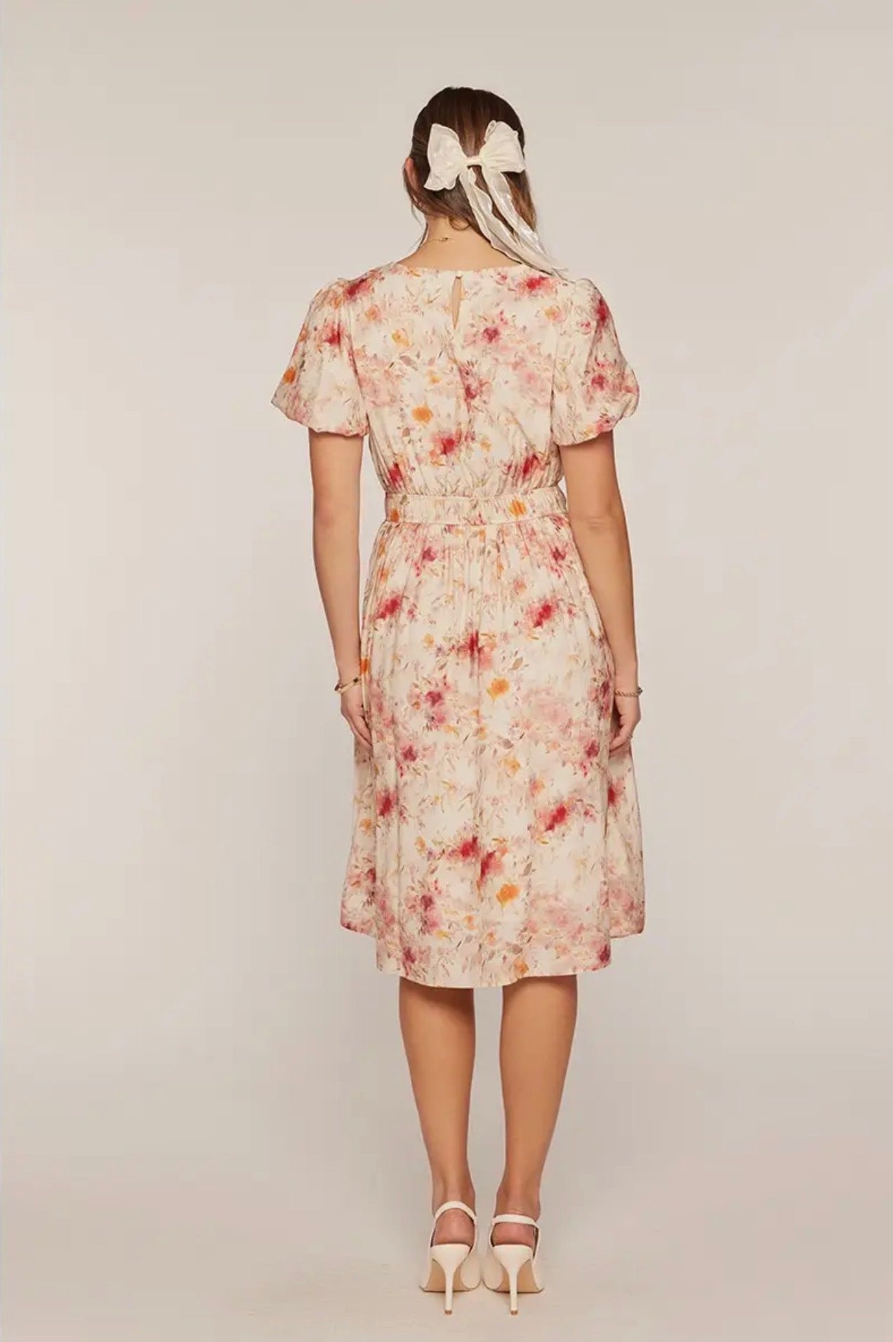 Textured Floral Print Dress - Ivory/Blush
