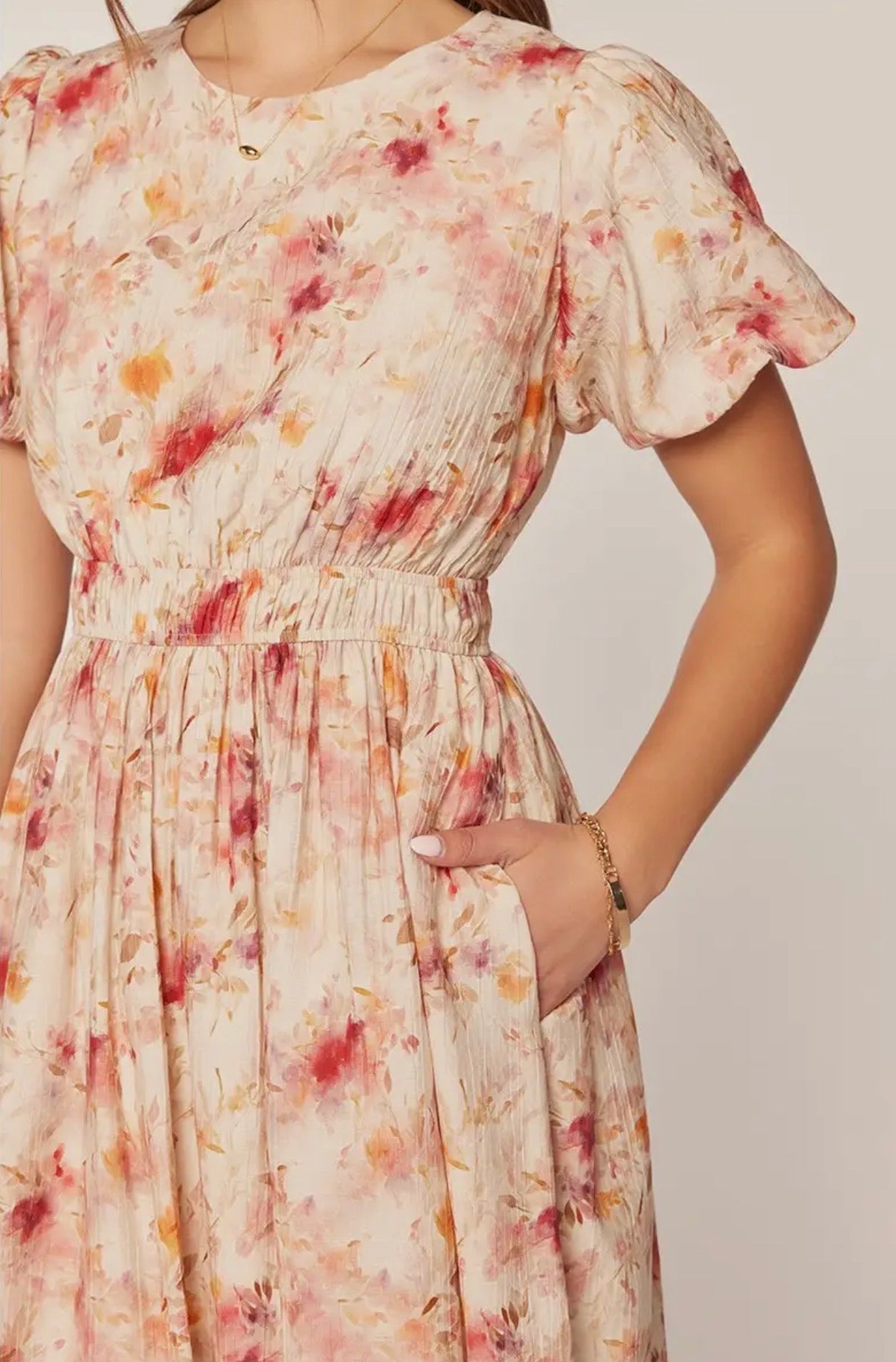 Textured Floral Print Dress - Ivory/Blush