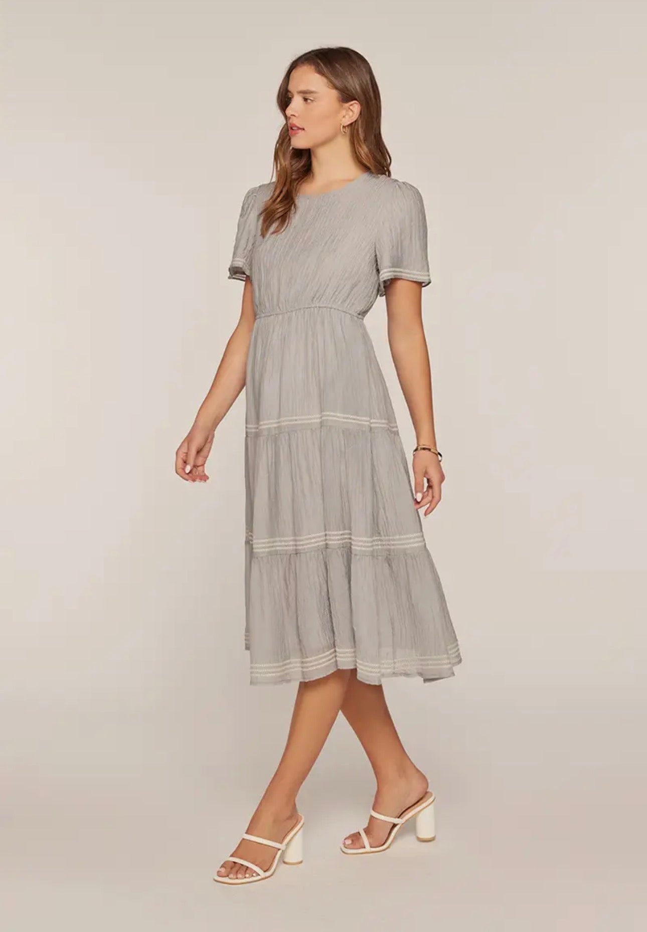 Embroidered Tier Dress - Dusty Blue