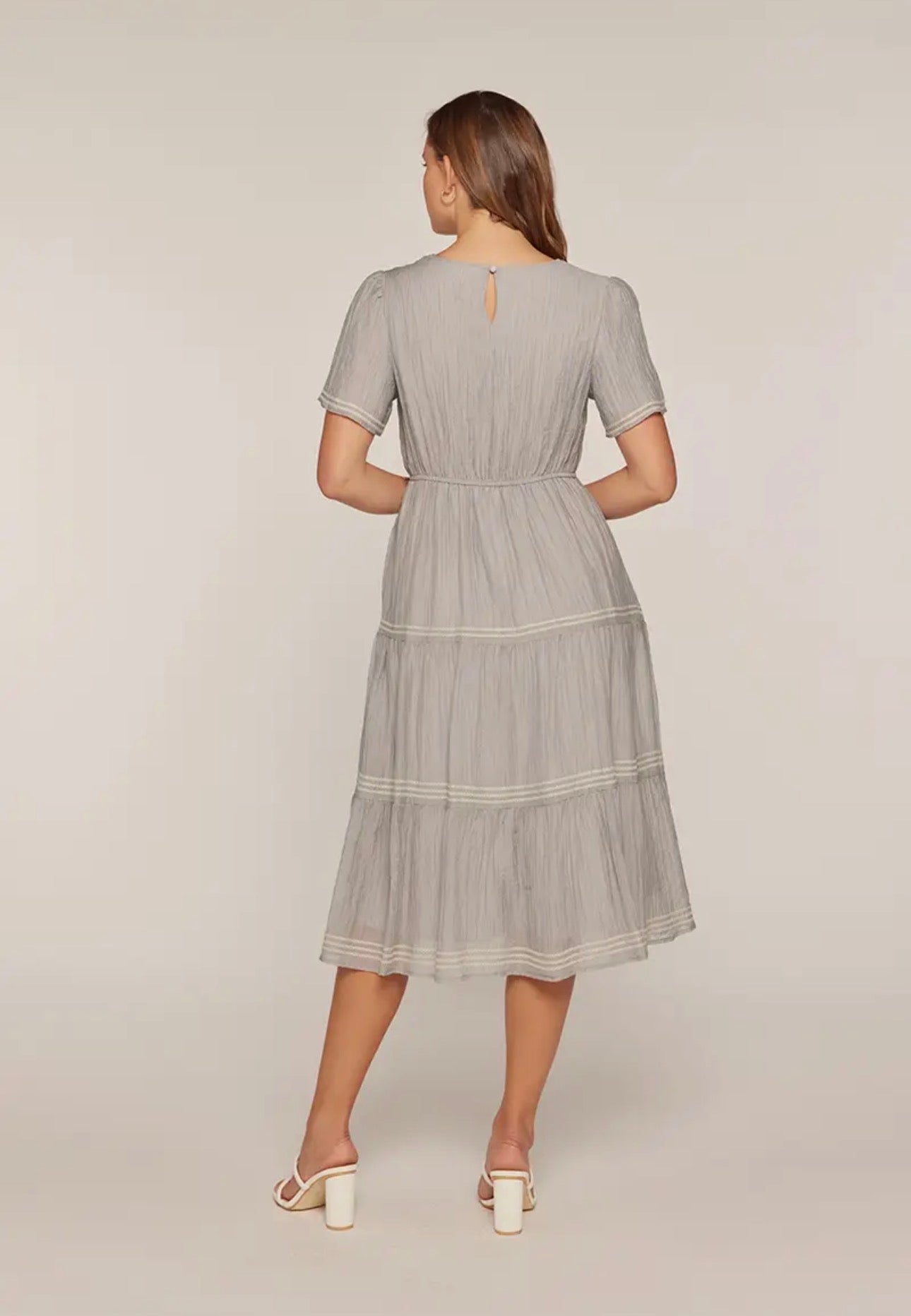 Embroidered Tier Dress - Dusty Blue