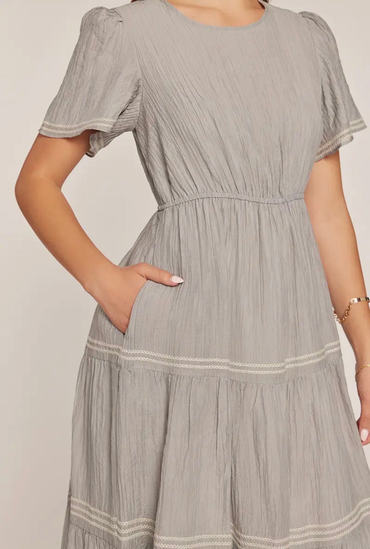 Embroidered Tier Dress - Dusty Blue