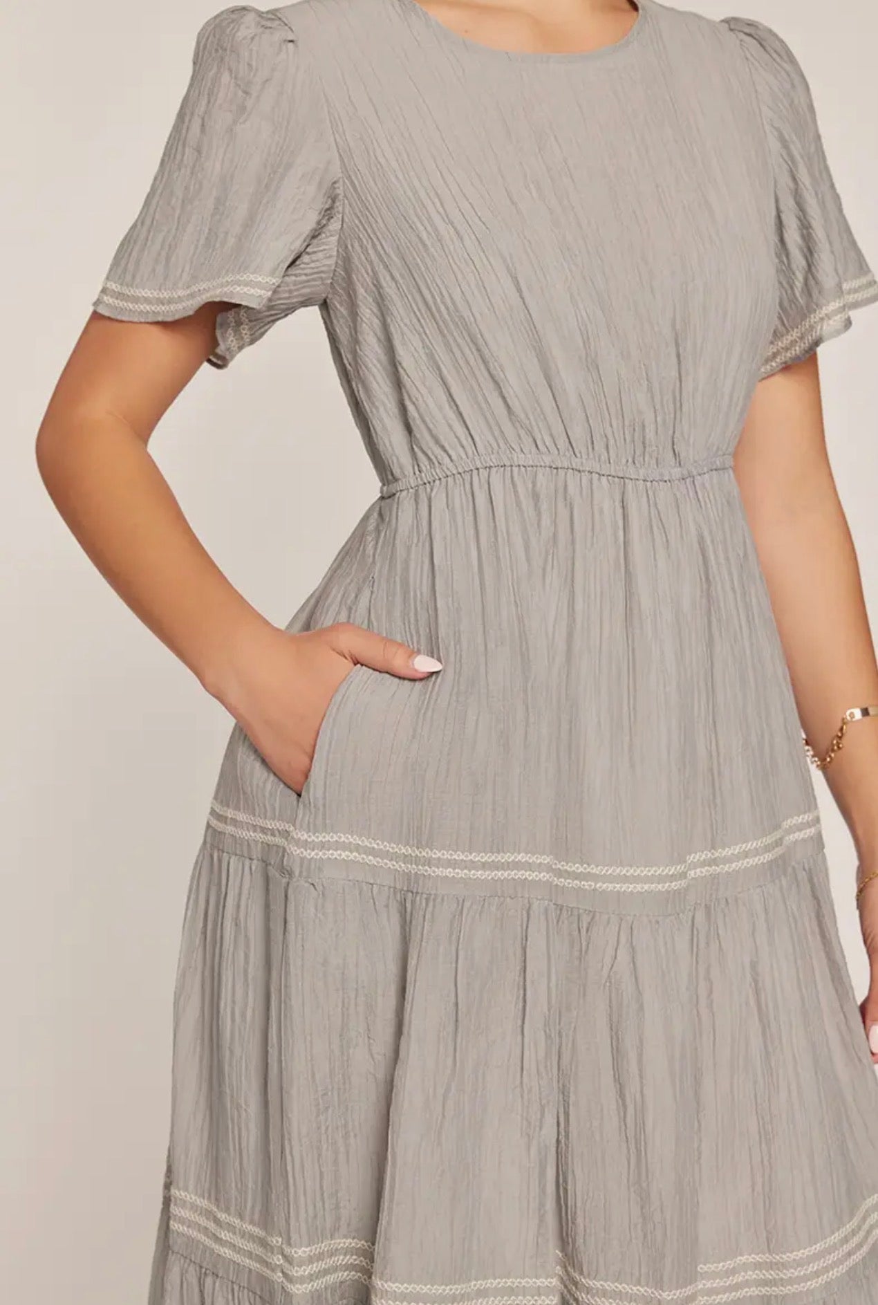 Embroidered Tier Dress - Dusty Blue